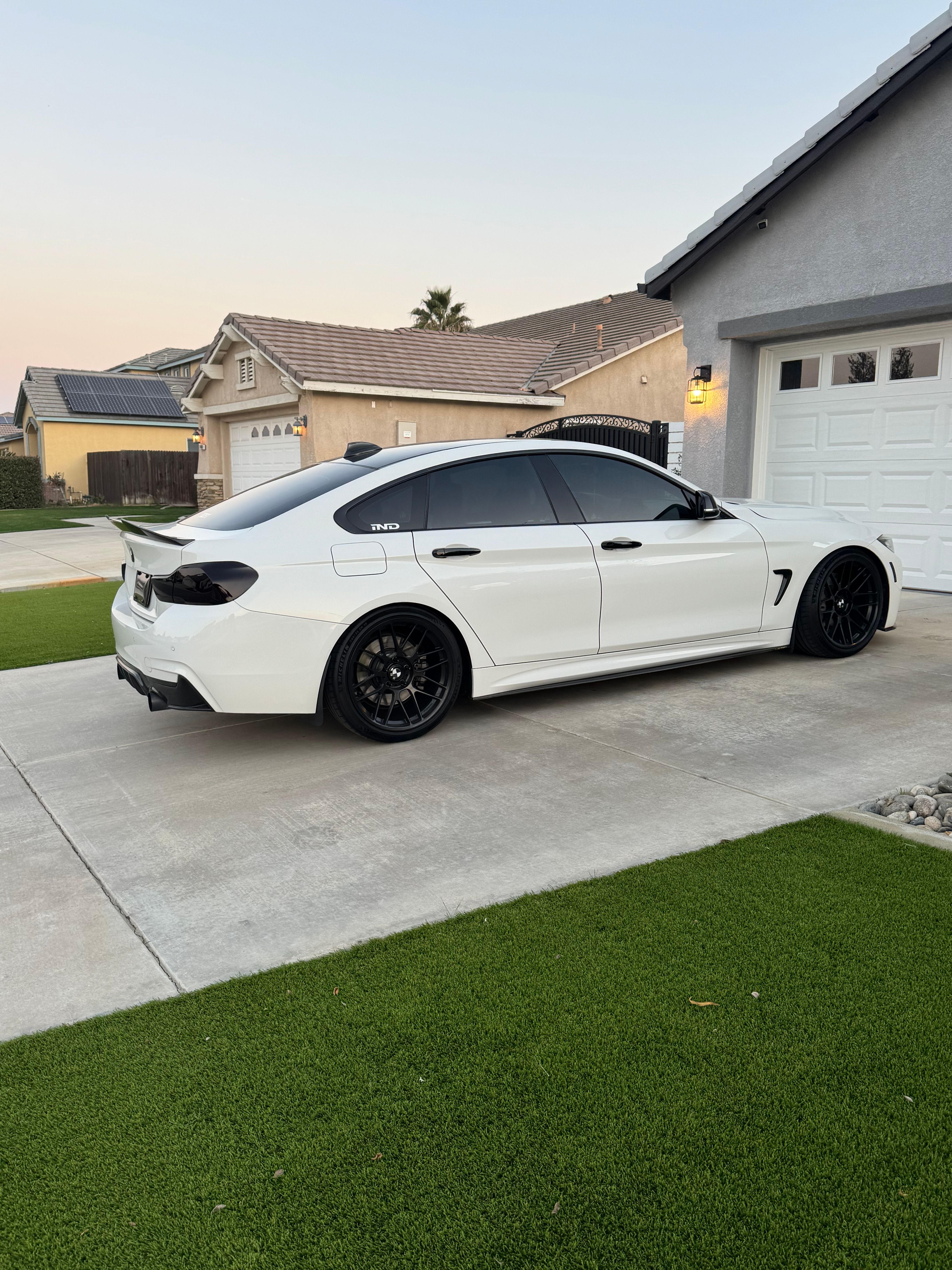 White BMW F36 Gran Coupe 4 Series with 19" ARC-8RT Apex wheels in Satin Black