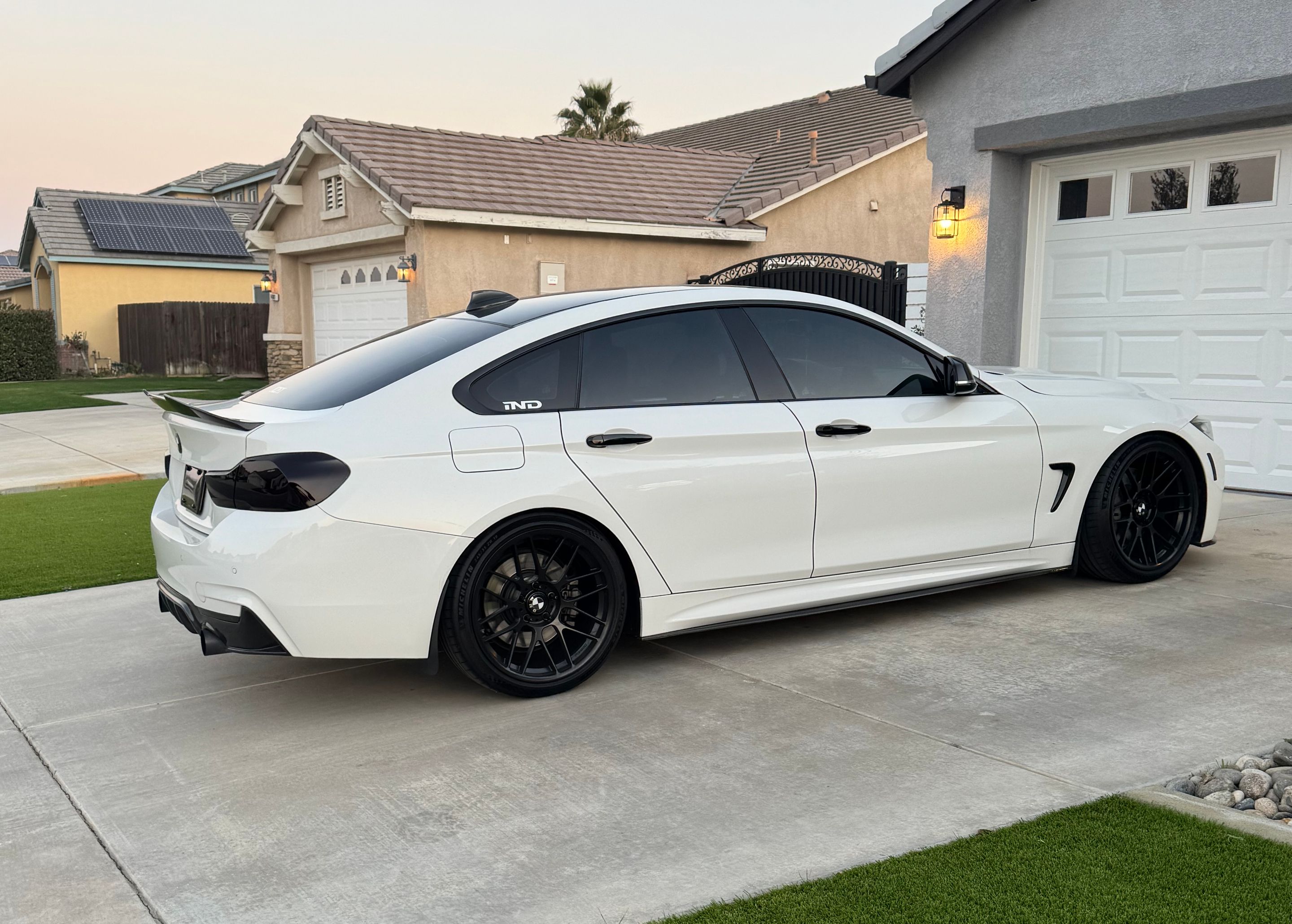 White BMW F36 Gran Coupe 4 Series with 19" ARC-8RT Apex wheels in Satin Black