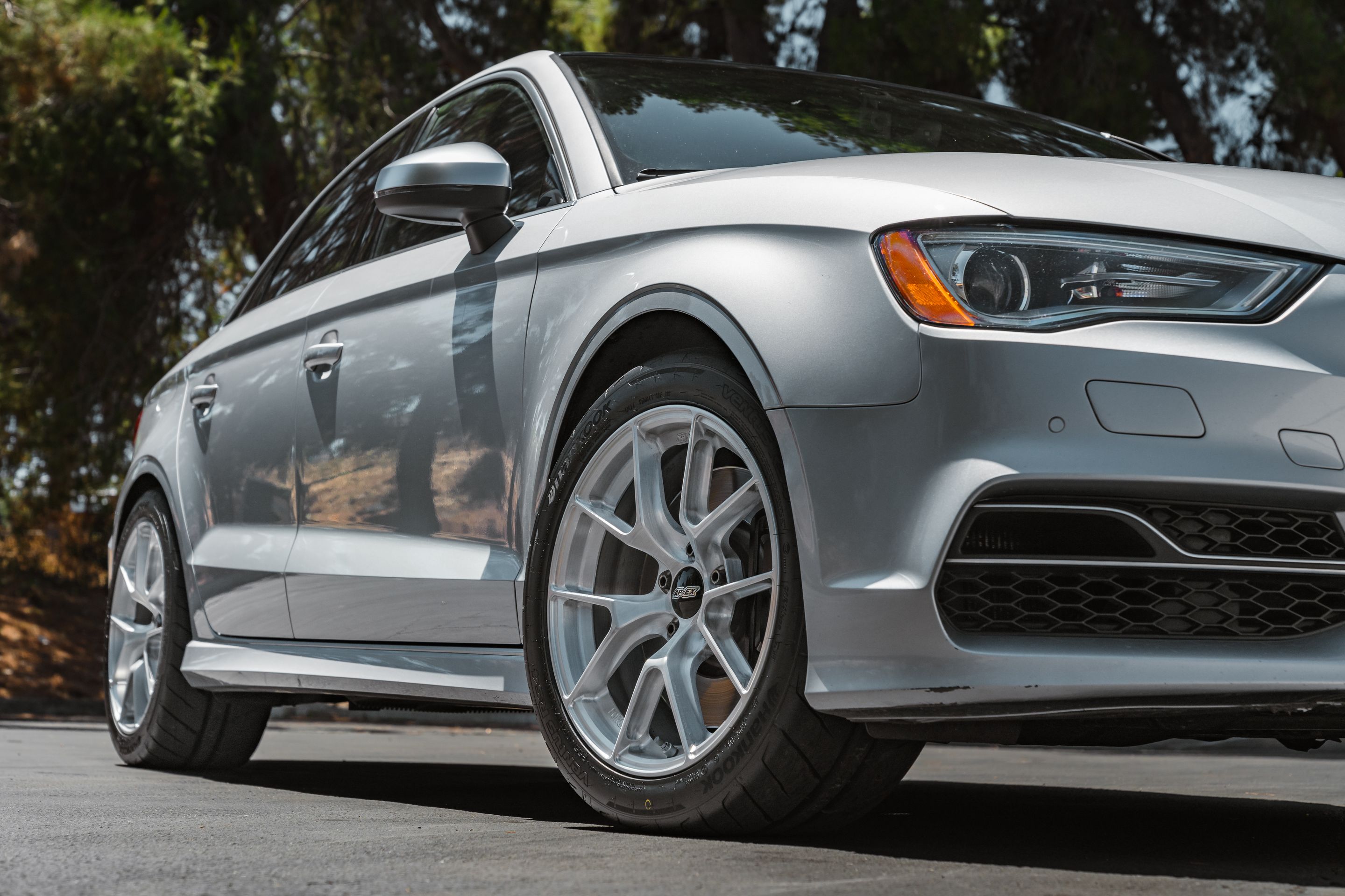Silver Audi 8V S3 with 17" VS-5RS Apex wheels in Brushed Clear