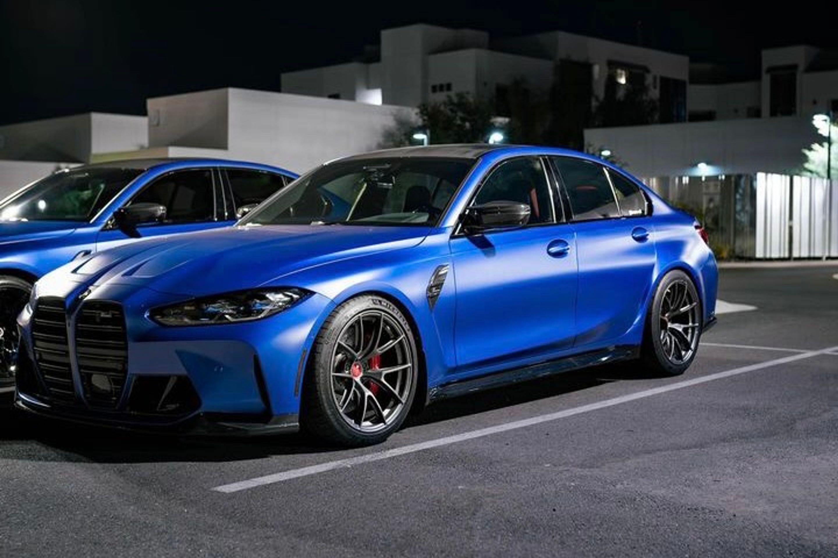 Blue BMW G80 M3 with 19" VS-5RS Apex wheels in Anthracite
