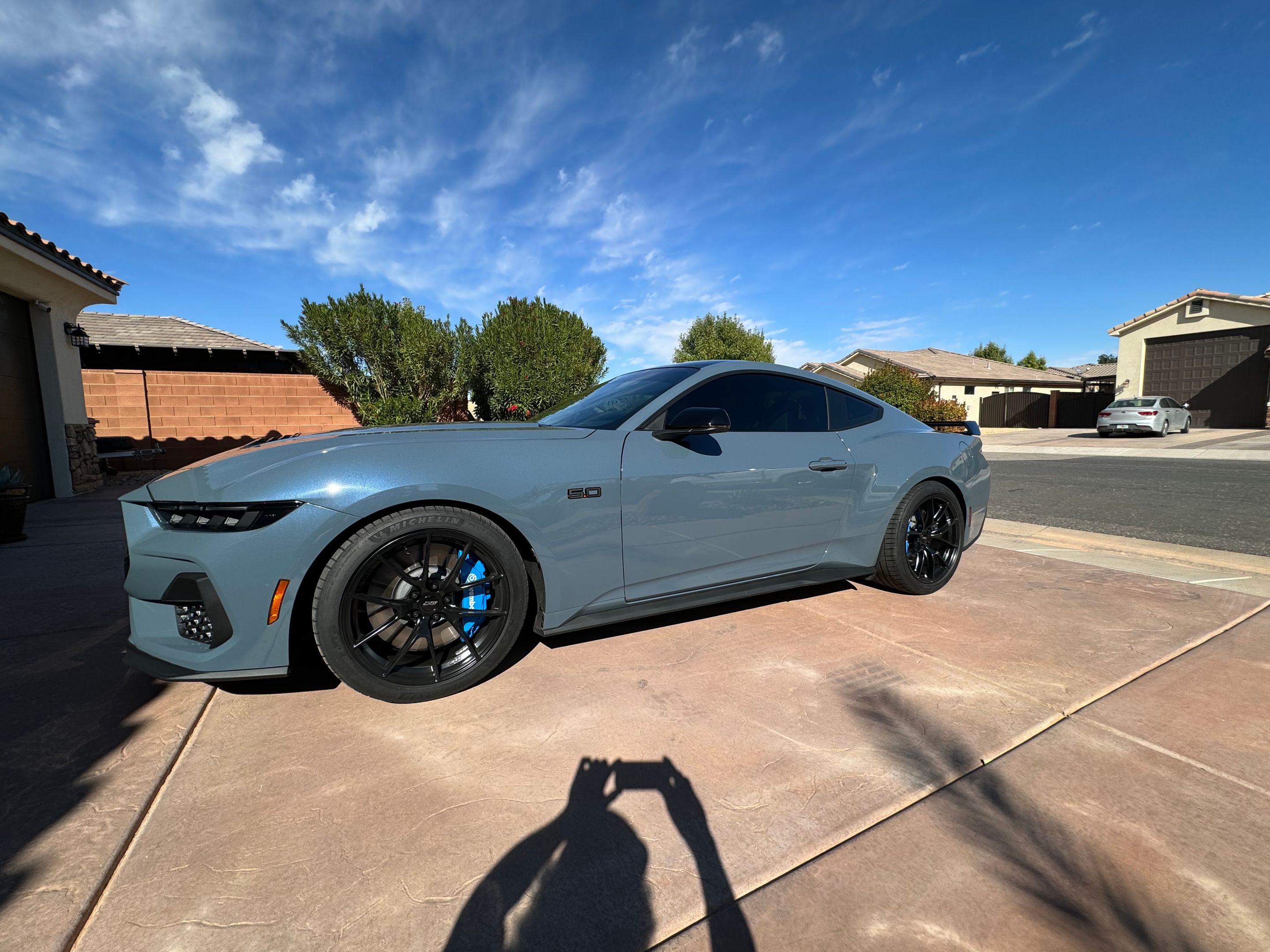 Blue Ford S650 Mustang GT with 19" VS-5RS Apex wheels in Satin Black