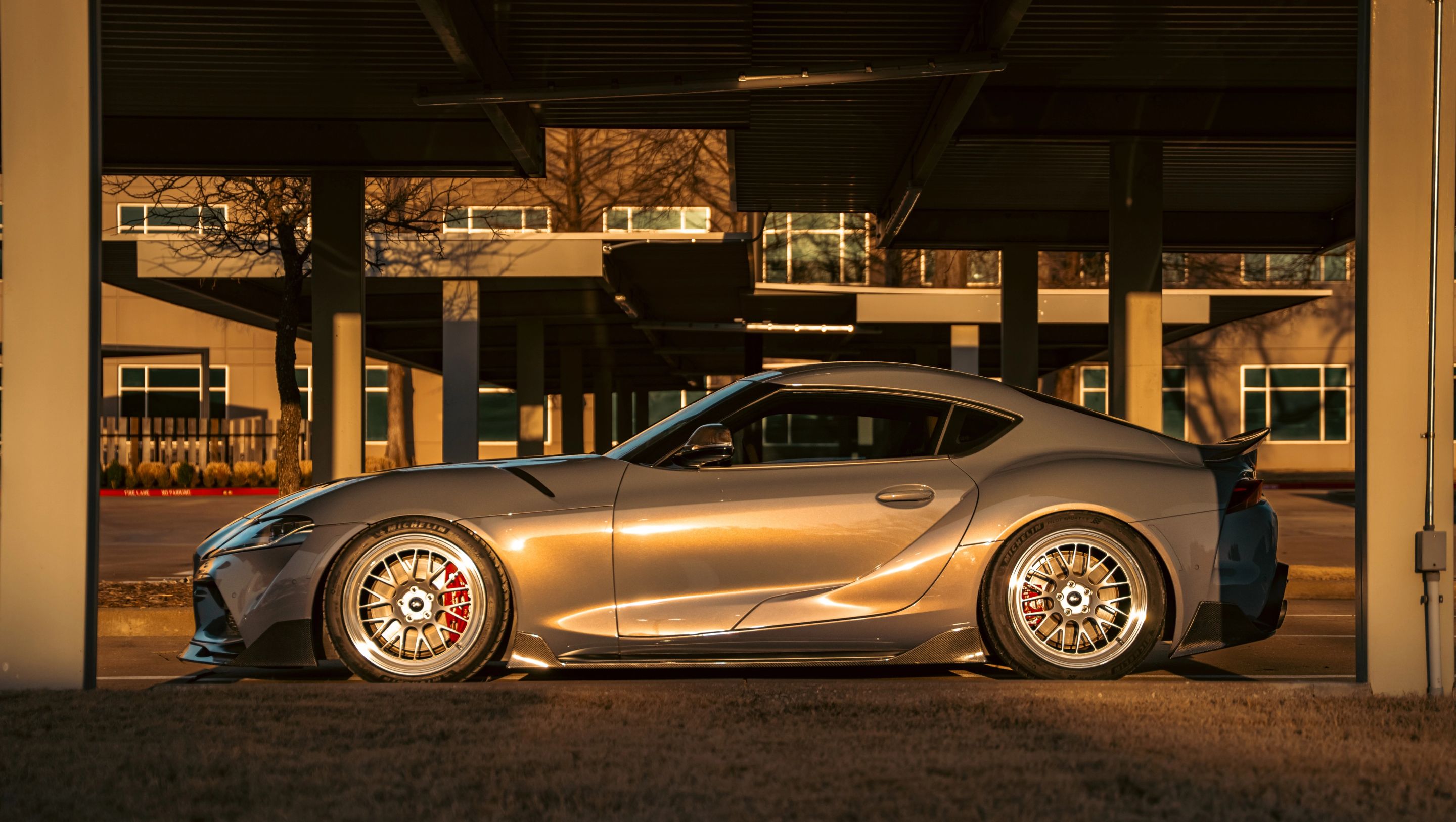 Grey Toyota GR Supra with 19" ML-10RT Apex wheels in Machined Lip Race Silver