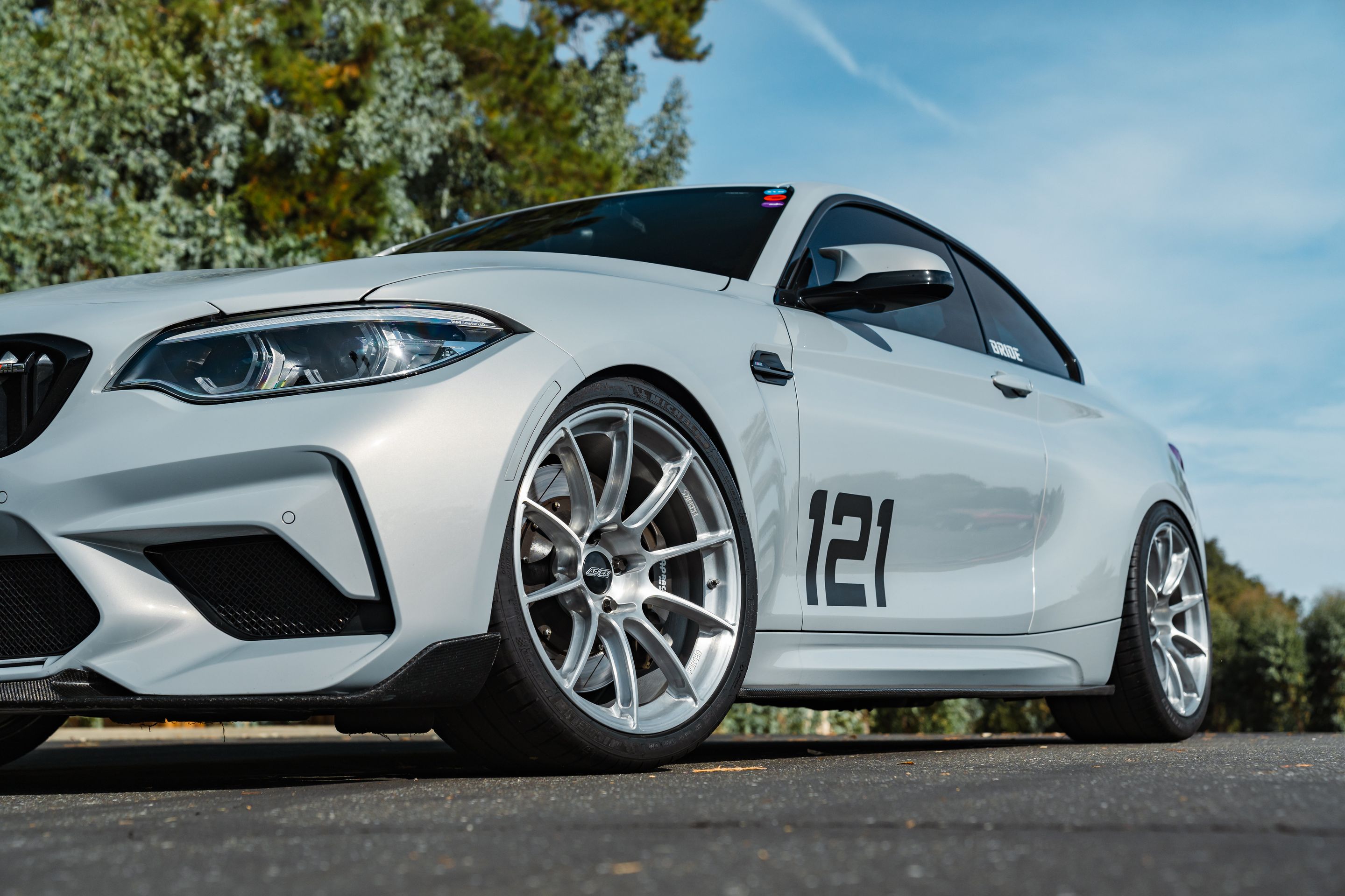 Silver BMW F87 M2 with 19" SM-10RS Apex wheels in Brushed Clear