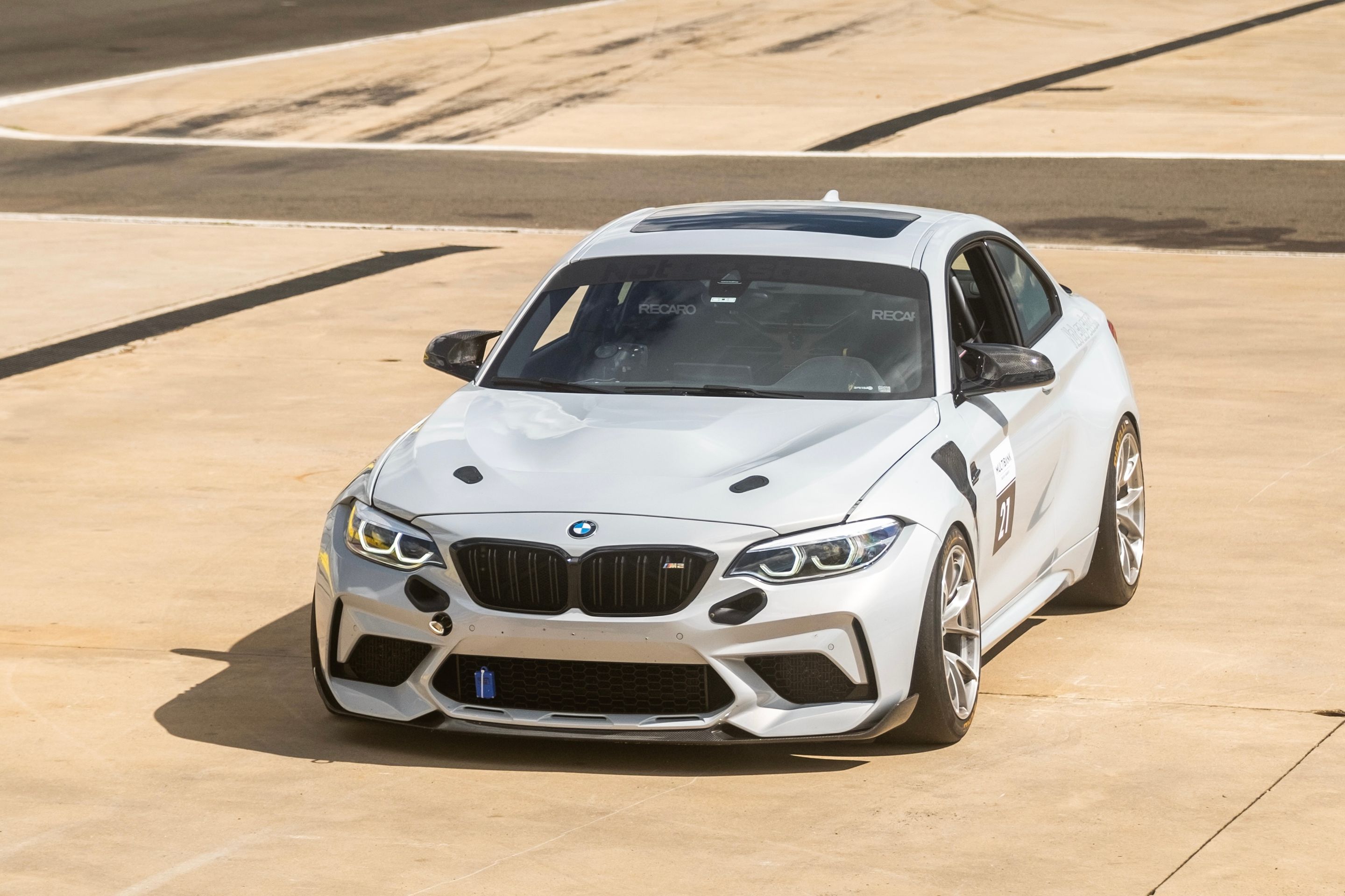 Silver BMW F87 M2 with 18" VS-5RS Apex wheels in Brushed Clear