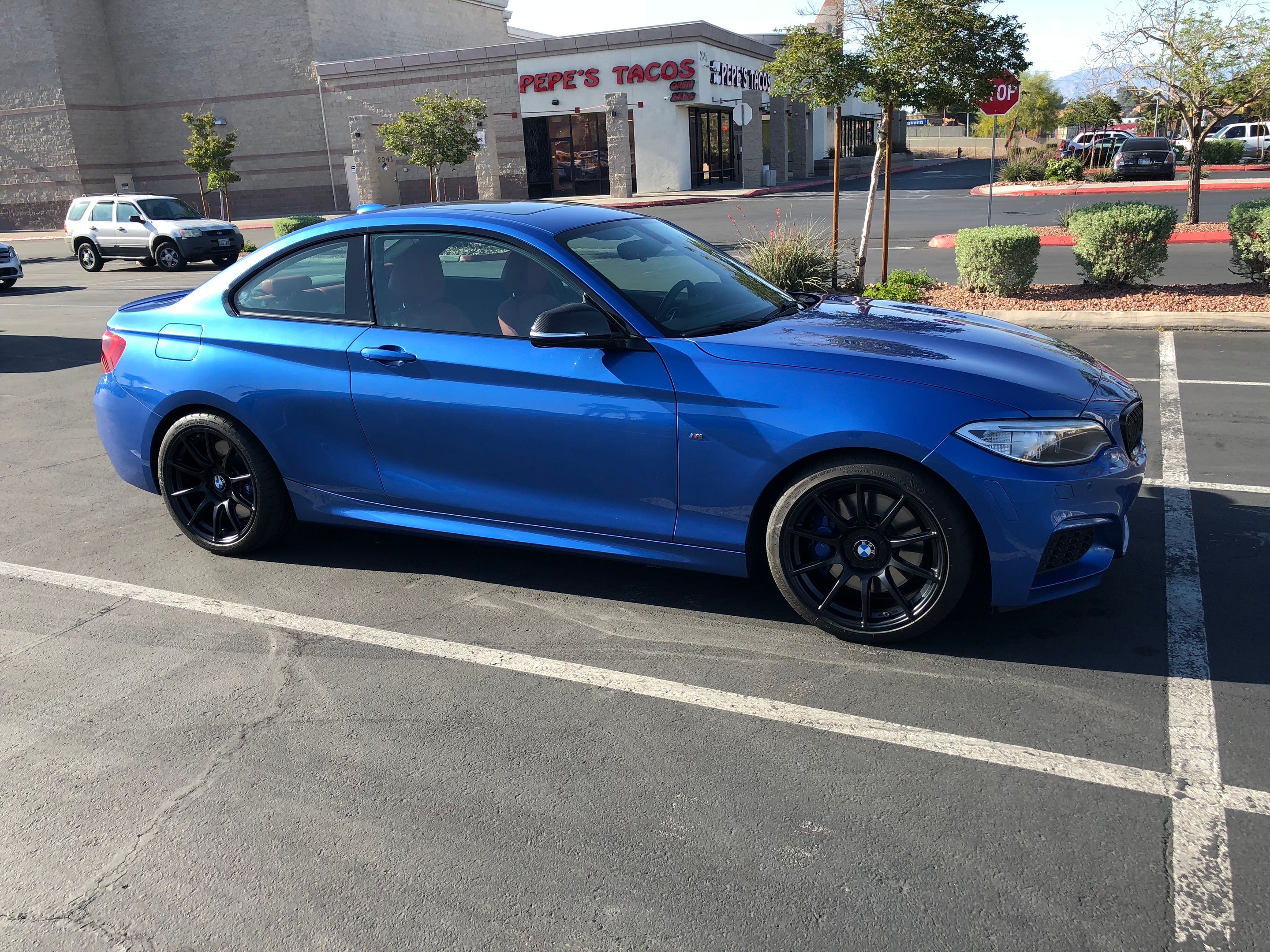 Blue BMW F22 Coupe 2 Series with 18" SM-10 Apex wheels in Satin Black