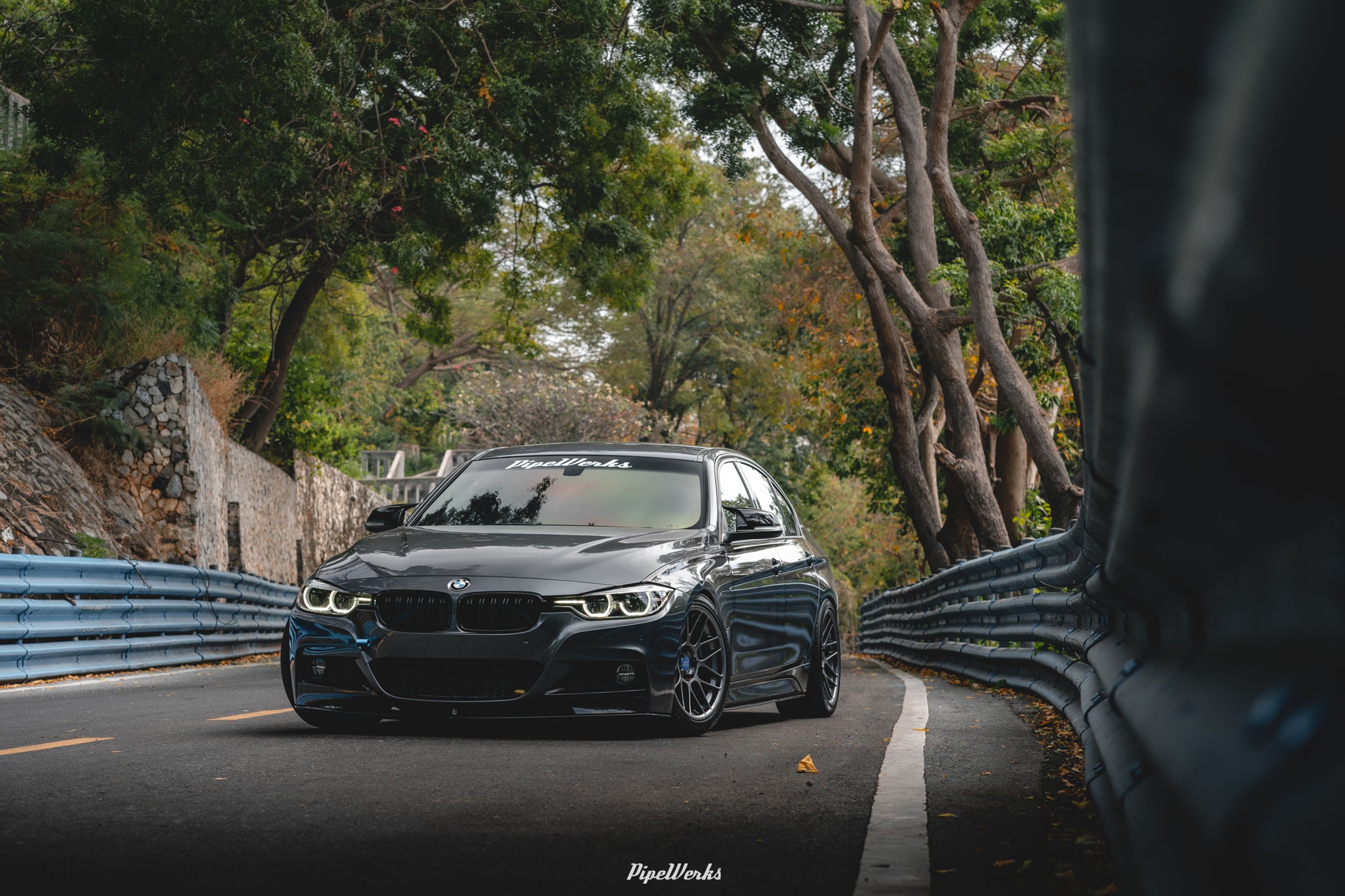 Grey BMW F30 Sedan 3 Series with 18" ARC-8 Apex wheels in Hyper Black