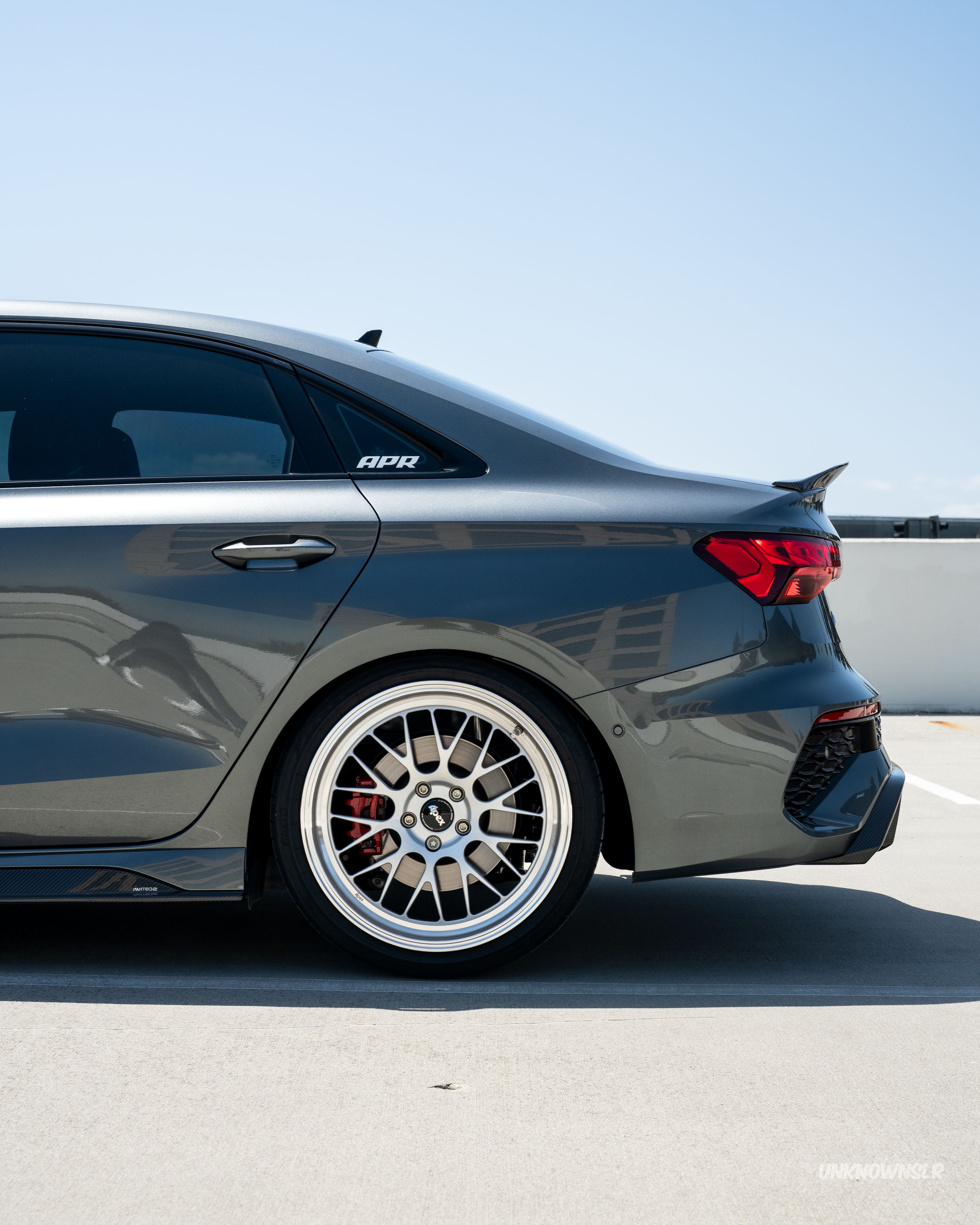 Grey Audi 8Y RS 3 with 19" ML-10RT Apex wheels in Machined Lip Race Silver