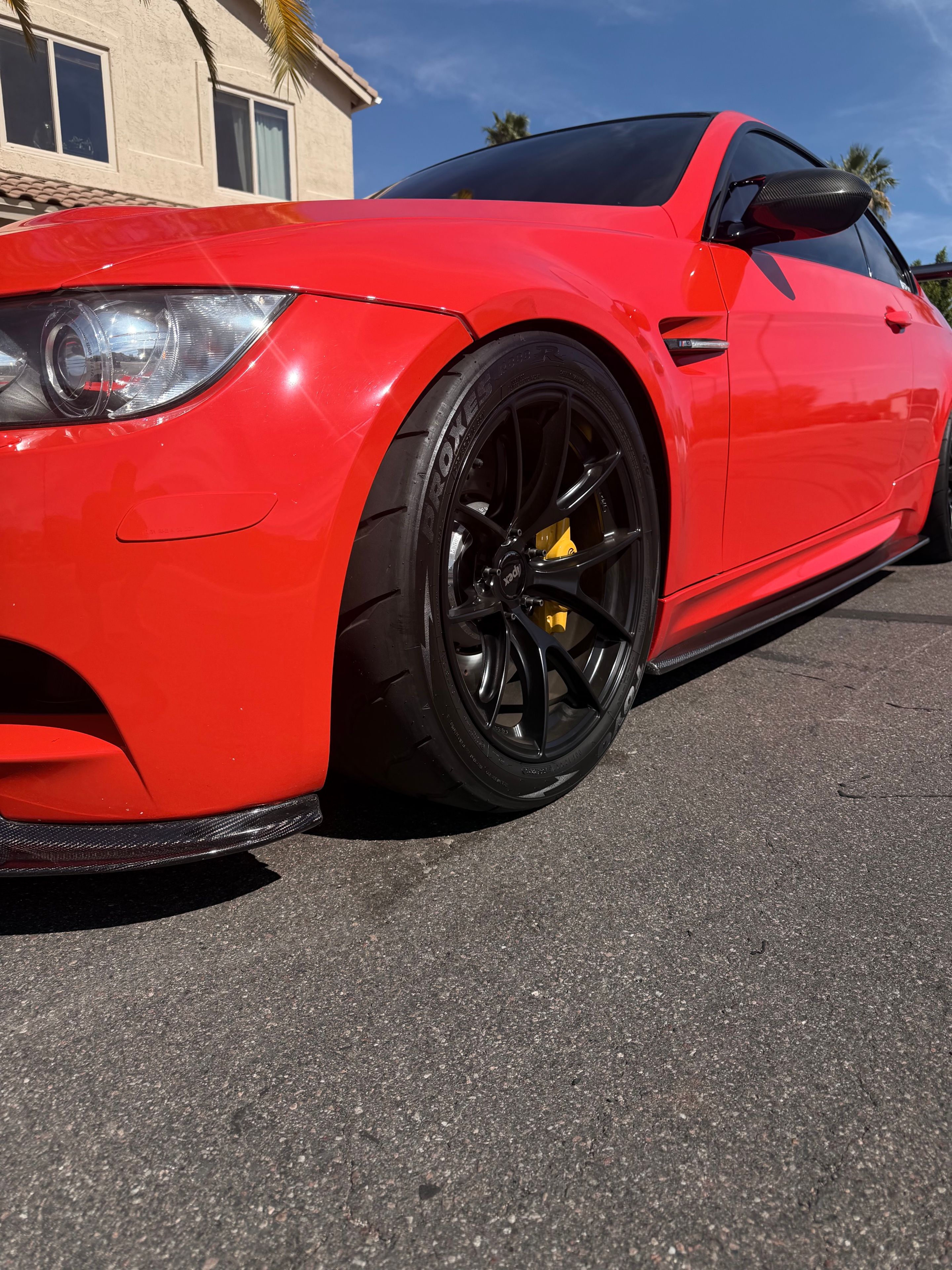 Red BMW E92 Coupe M3 with 18" VS-5RS Apex wheels in Satin Black