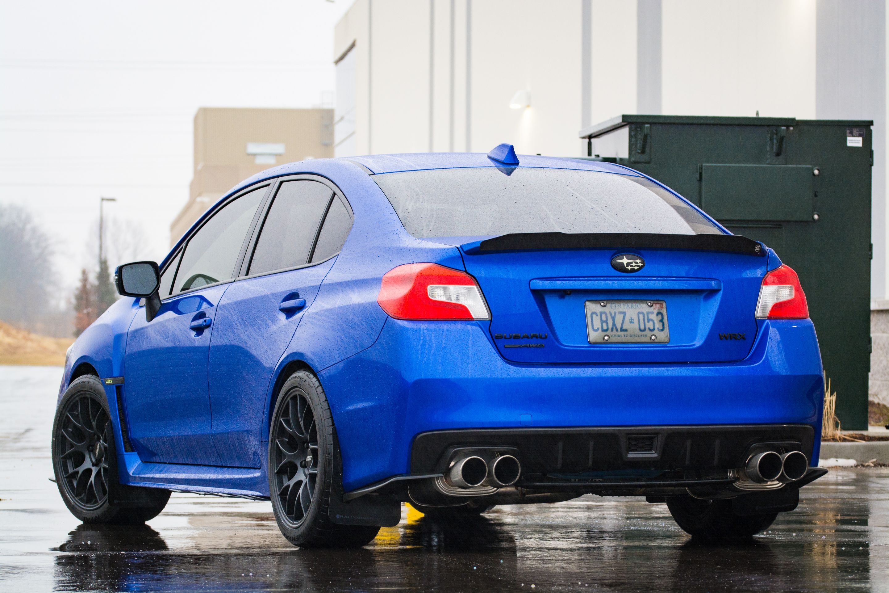 Blue Subaru VA WRX with 18" EC-7 Apex wheels in Satin Black