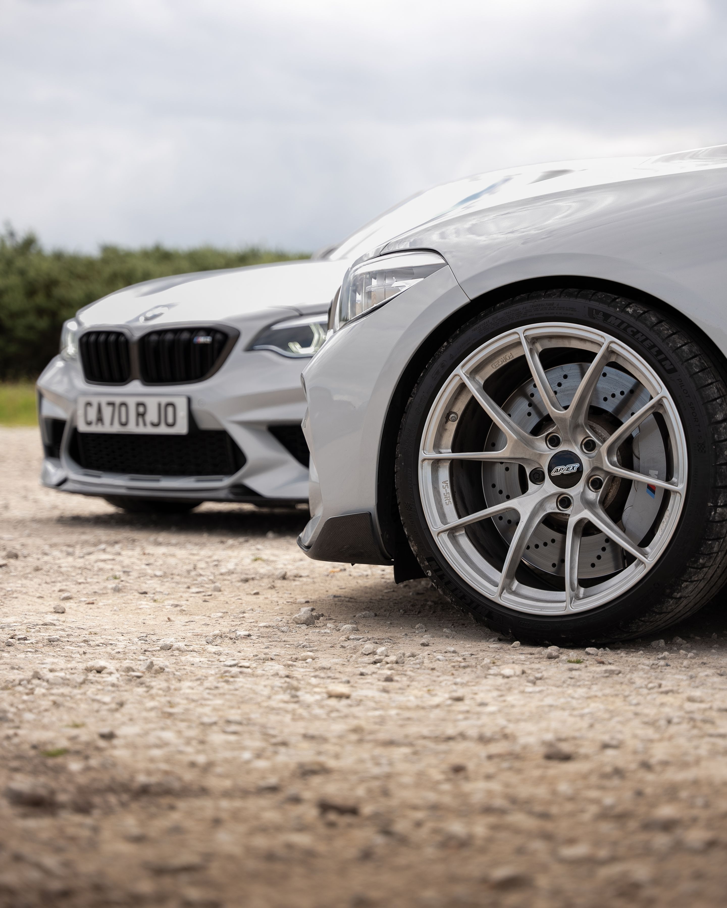 Silver BMW F87 M2 with 19" VS-5RS Apex wheels in Brushed Clear