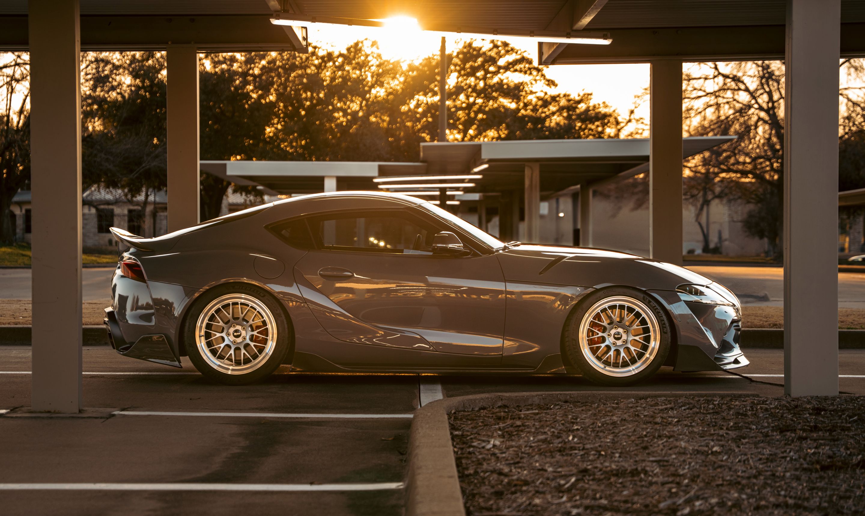 Grey Toyota GR Supra with 19" ML-10RT Apex wheels in Machined Lip Race Silver