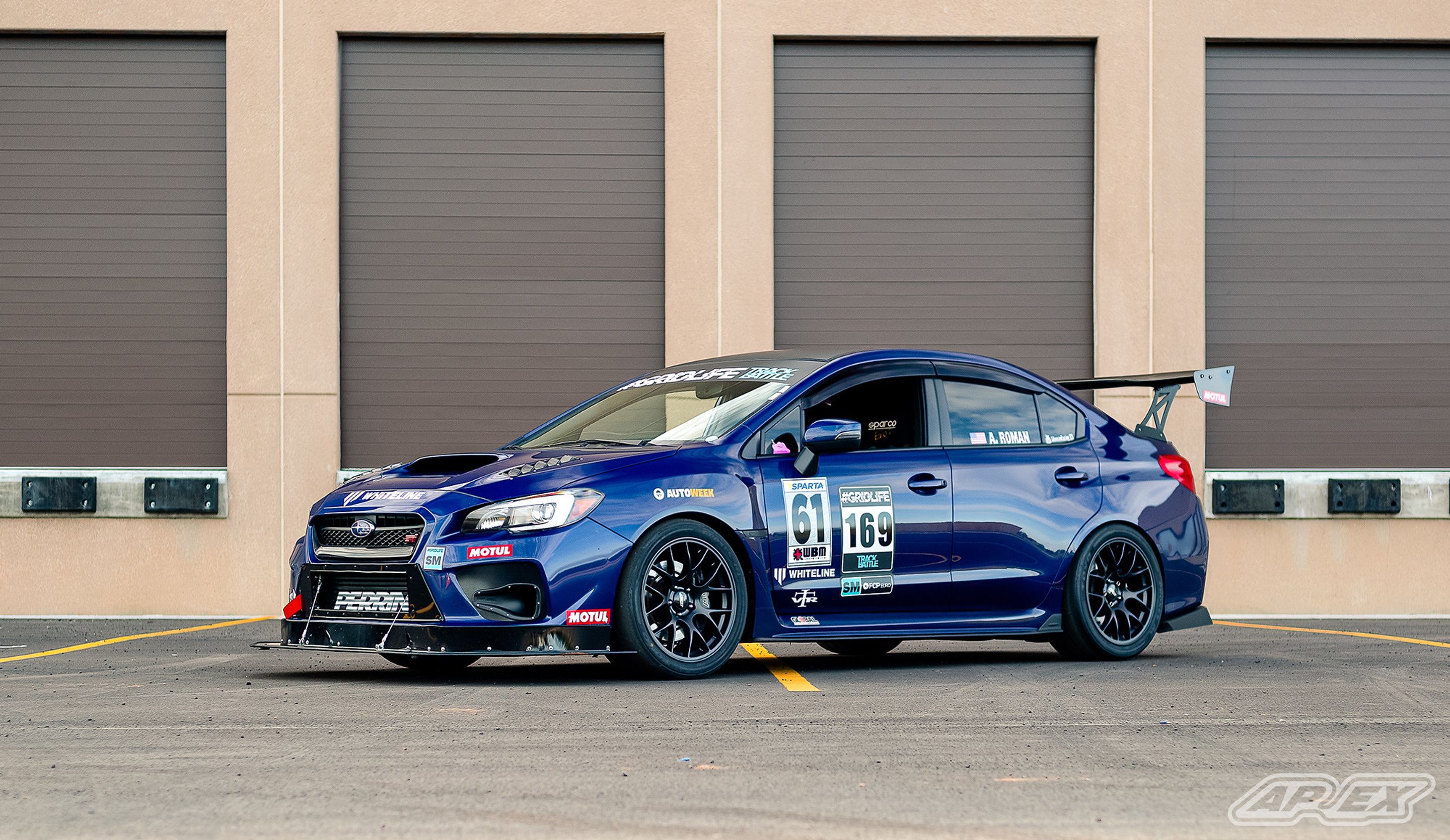 Blue Subaru VA WRX STI with 18" EC-7 Apex wheels in Satin Black