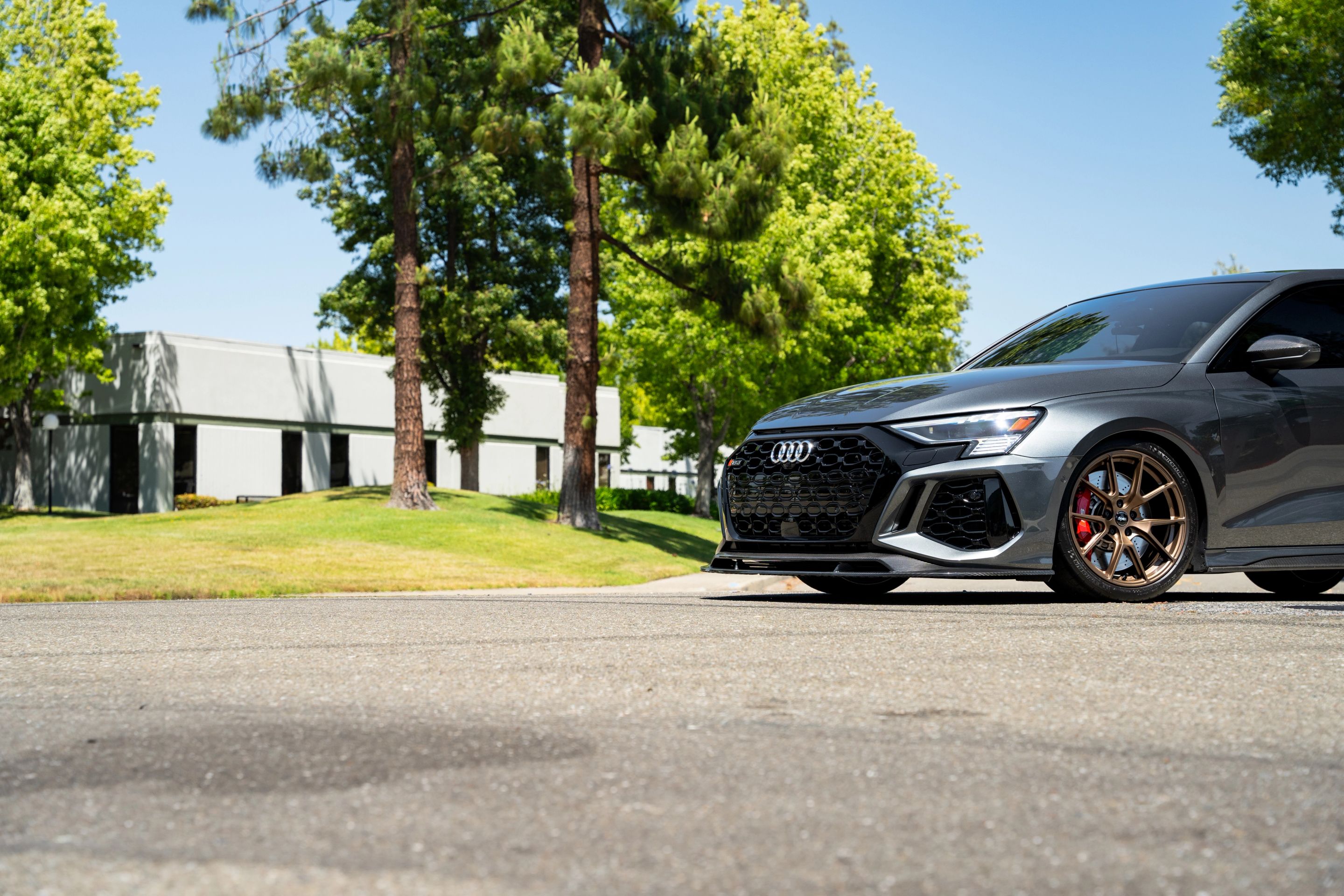 Grey Audi 8Y RS 3 with 18" VS-5 Apex wheels in Satin Bronze