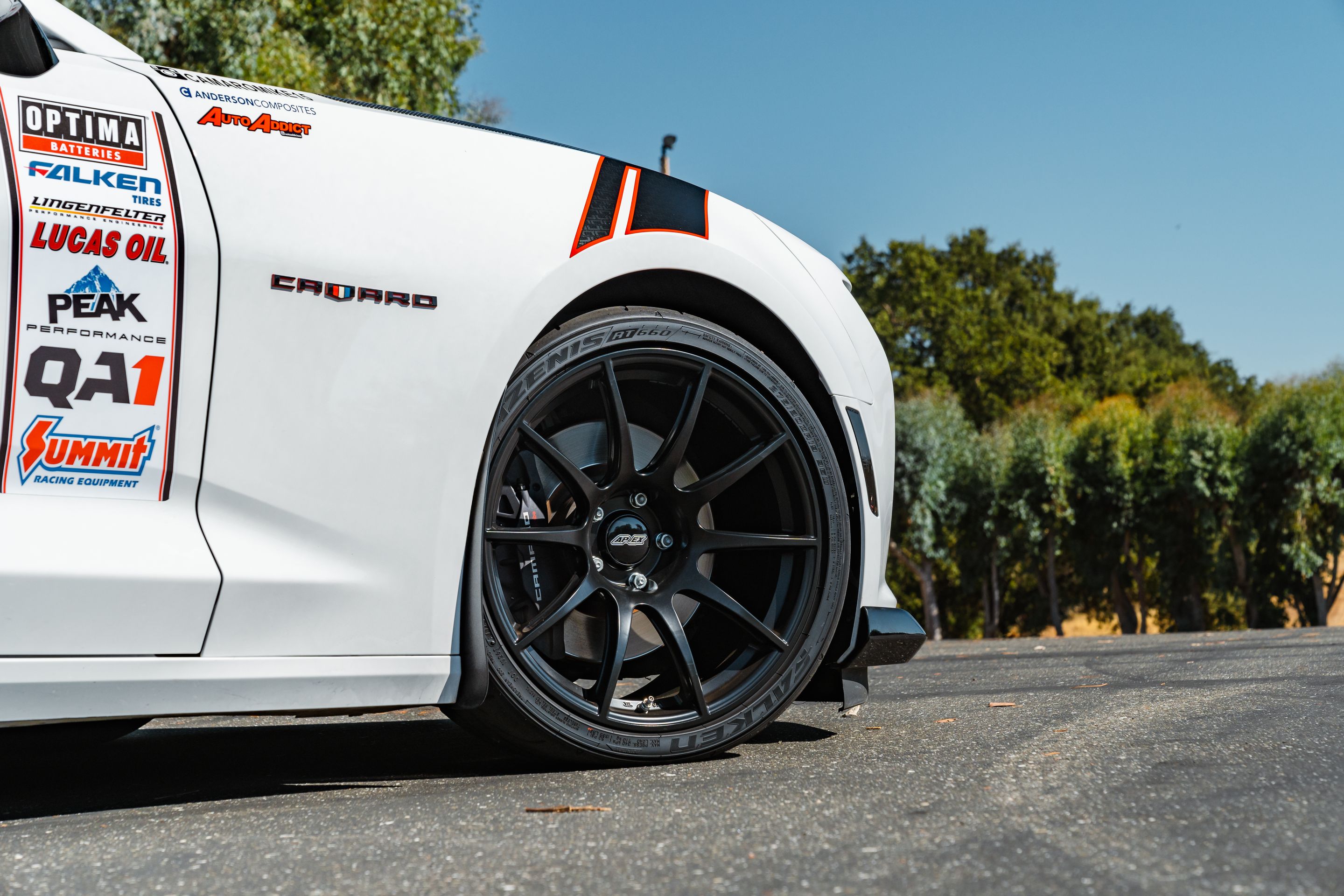 White Chevrolet 6th Gen Camaro SS with 19" SM-10 Apex wheels in Satin Black