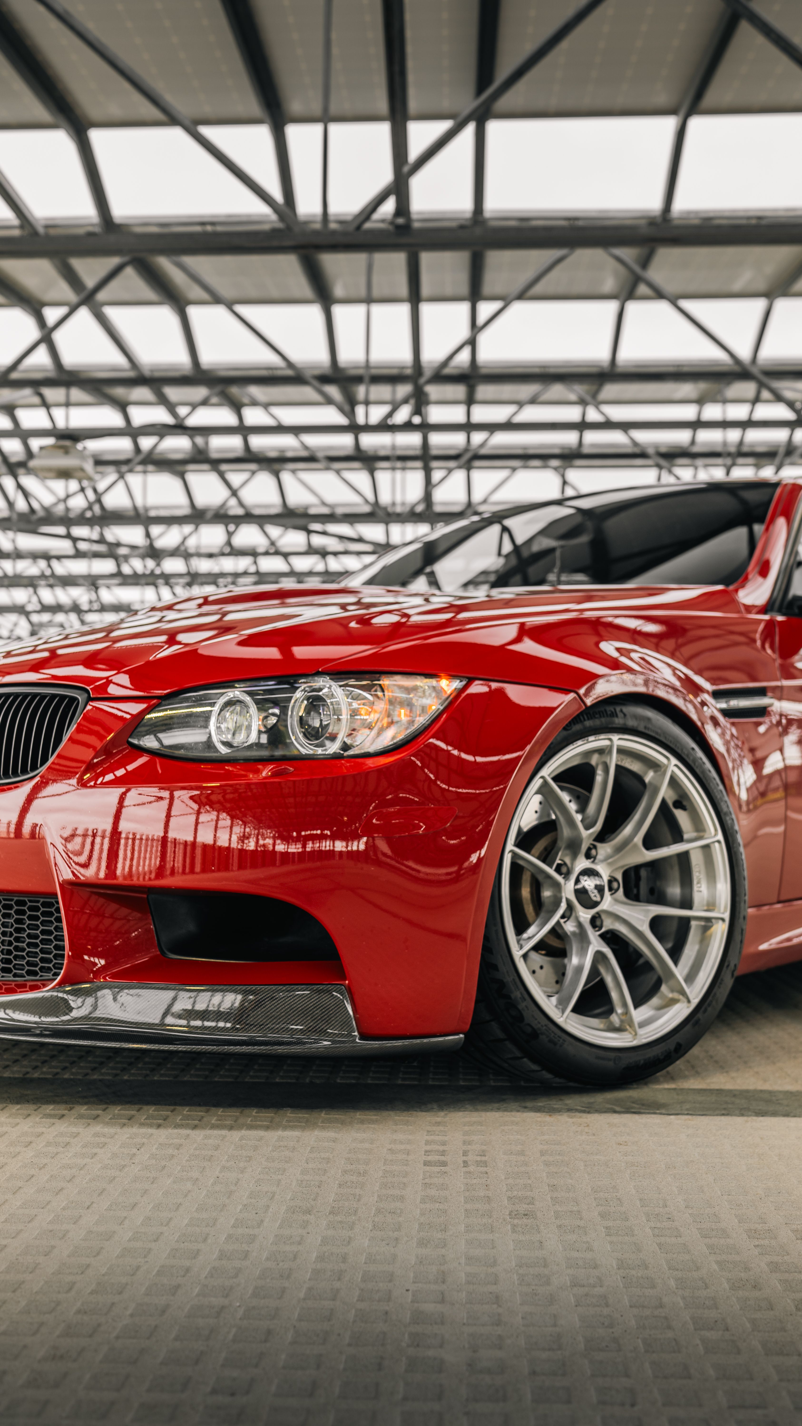 Red BMW E90 Sedan M3 with 18" VS-5RS Apex wheels in Brushed Clear