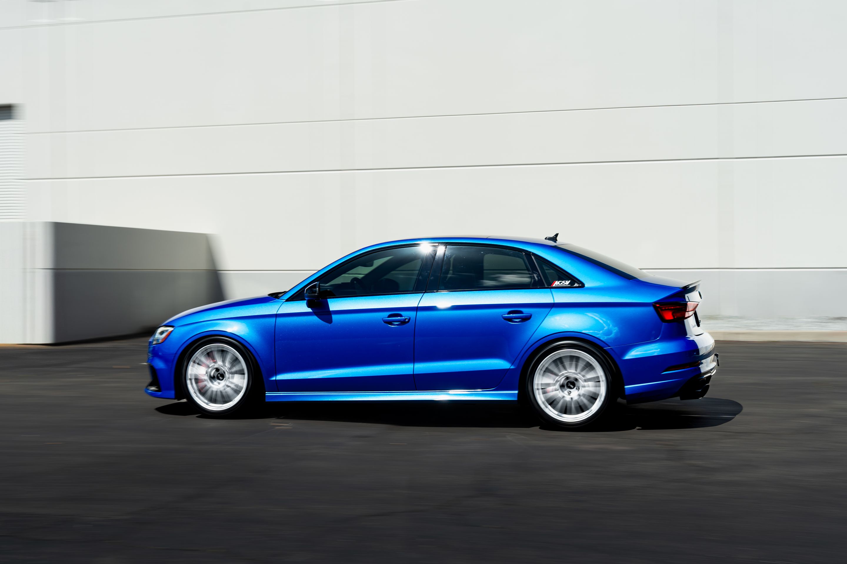Blue Audi 8V RS 3 with 18" TC-10RT Apex wheels in Race Silver