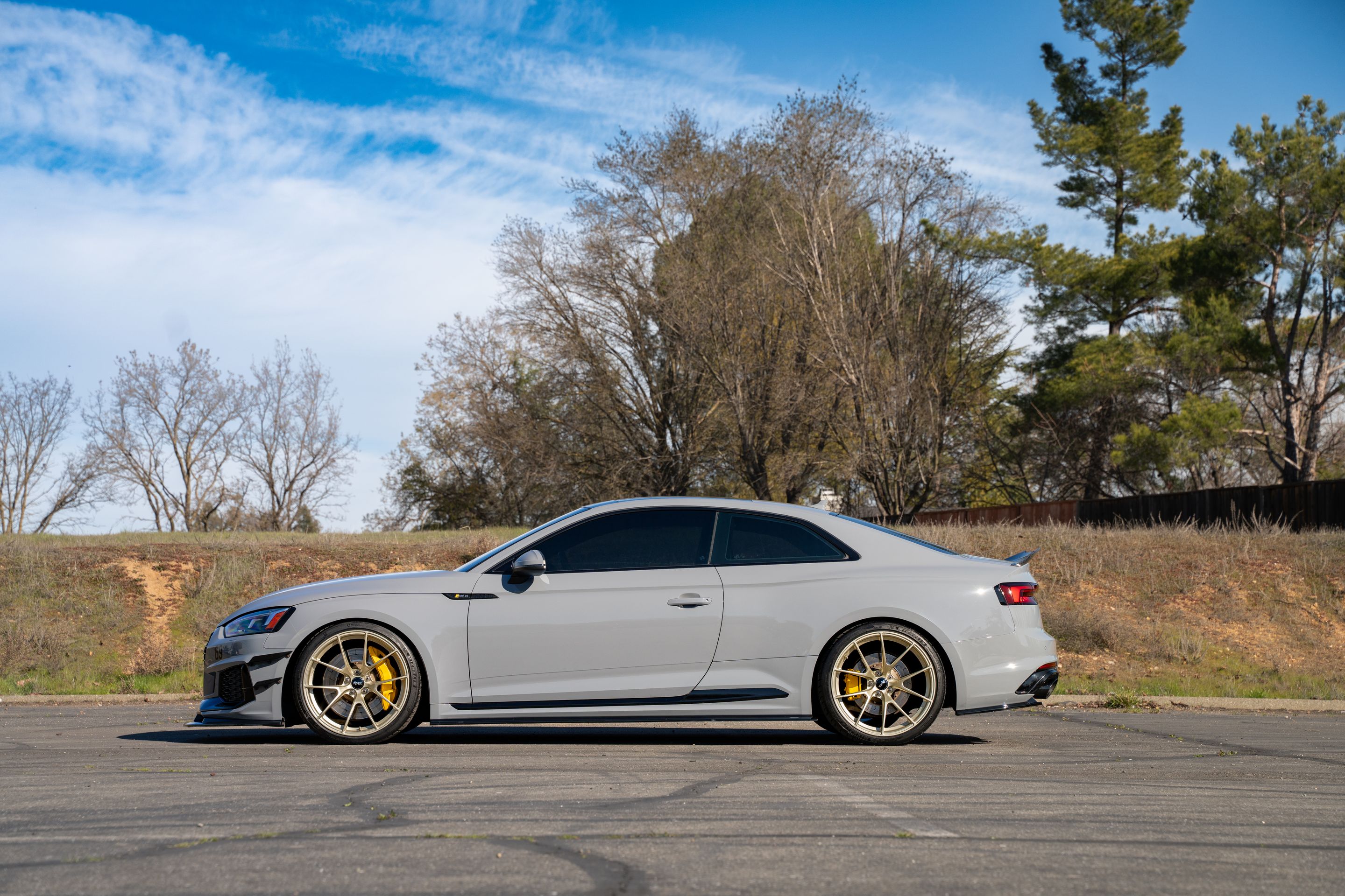 Grey Audi B9 RS 5 Coupe with 20" VS-5RS Apex wheels in Motorsport Gold