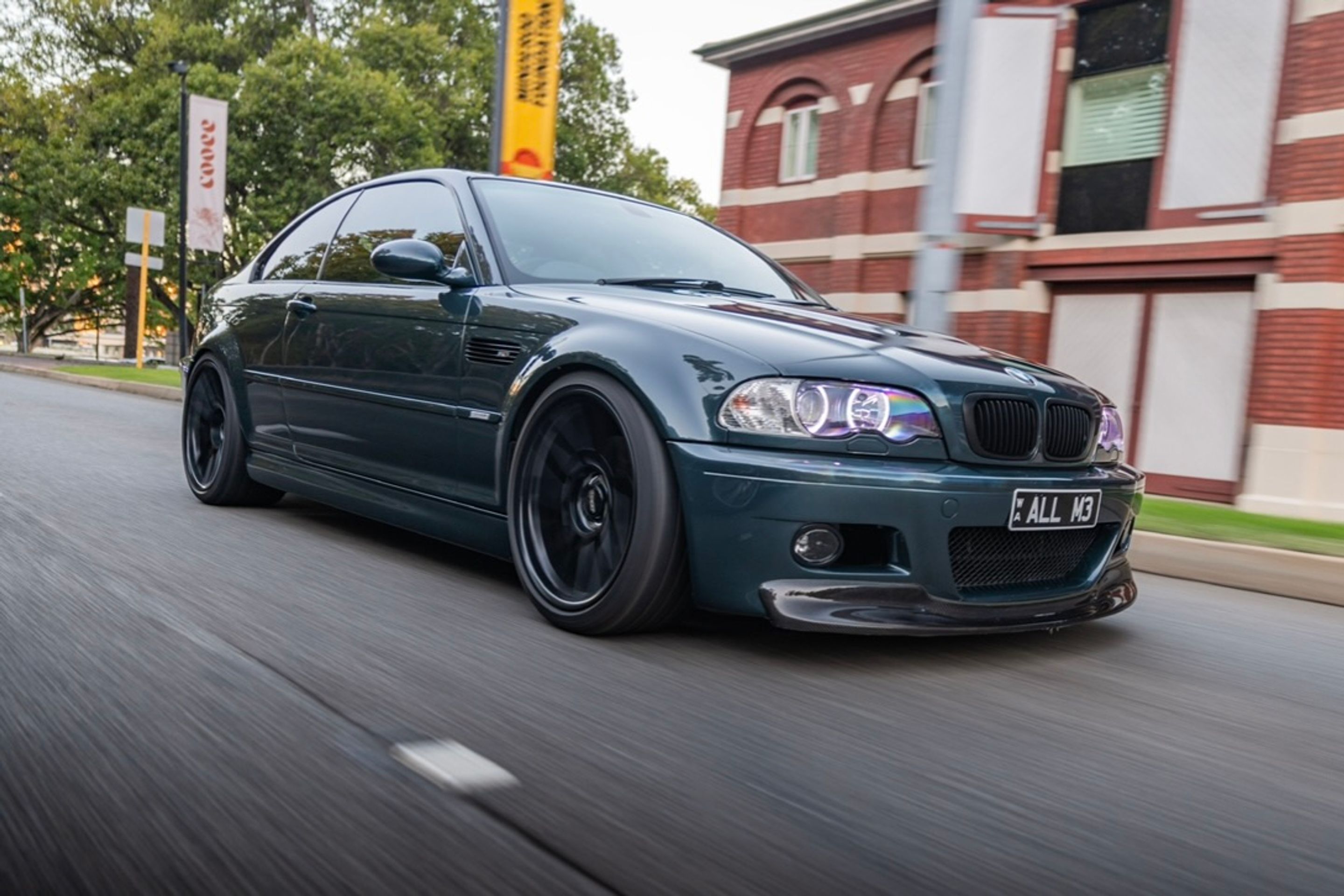 Blue BMW E46 M3 with 19" ARC-8 Apex wheels in Satin Black