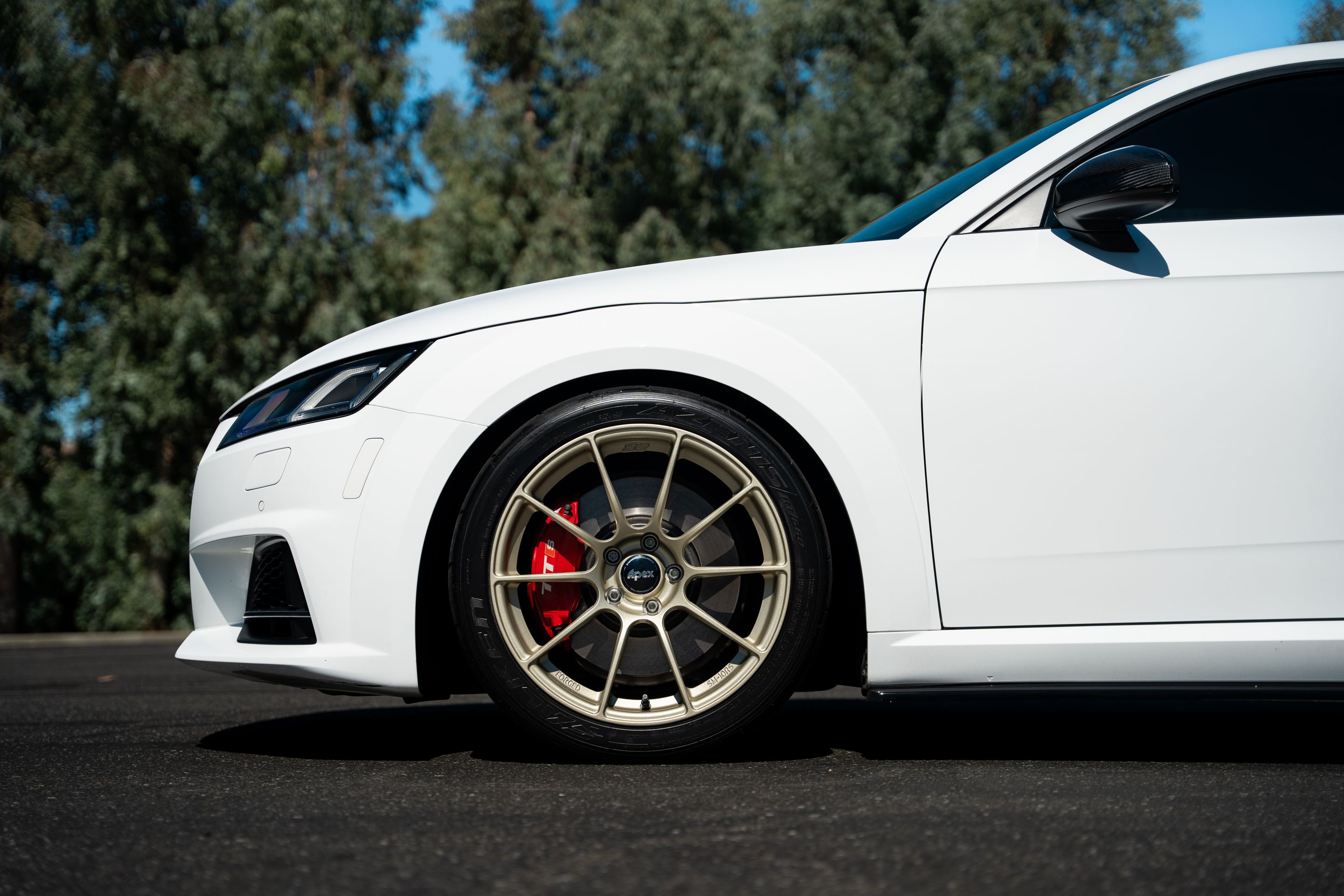 White Audi 8S TTS with 18" SM-10RS Apex wheels in Motorsport Gold