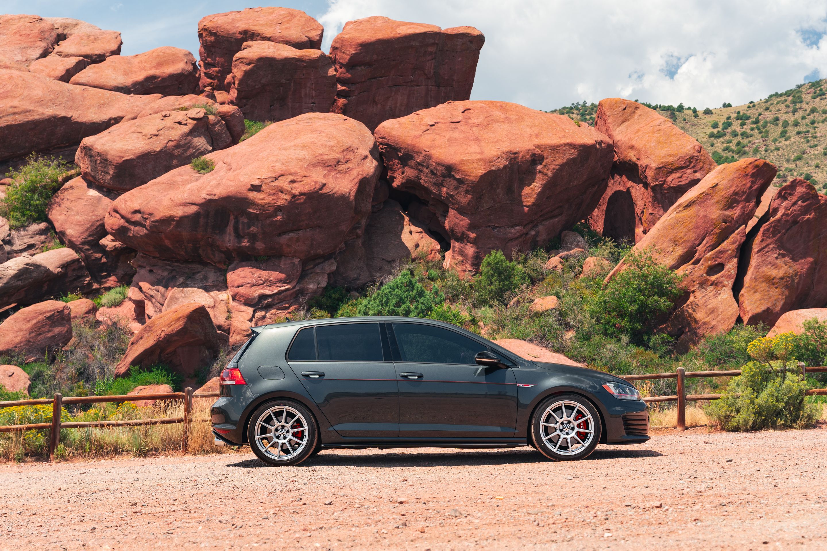 Grey VW MK7 GTI with 18" SM-10 Apex wheels in Race Silver