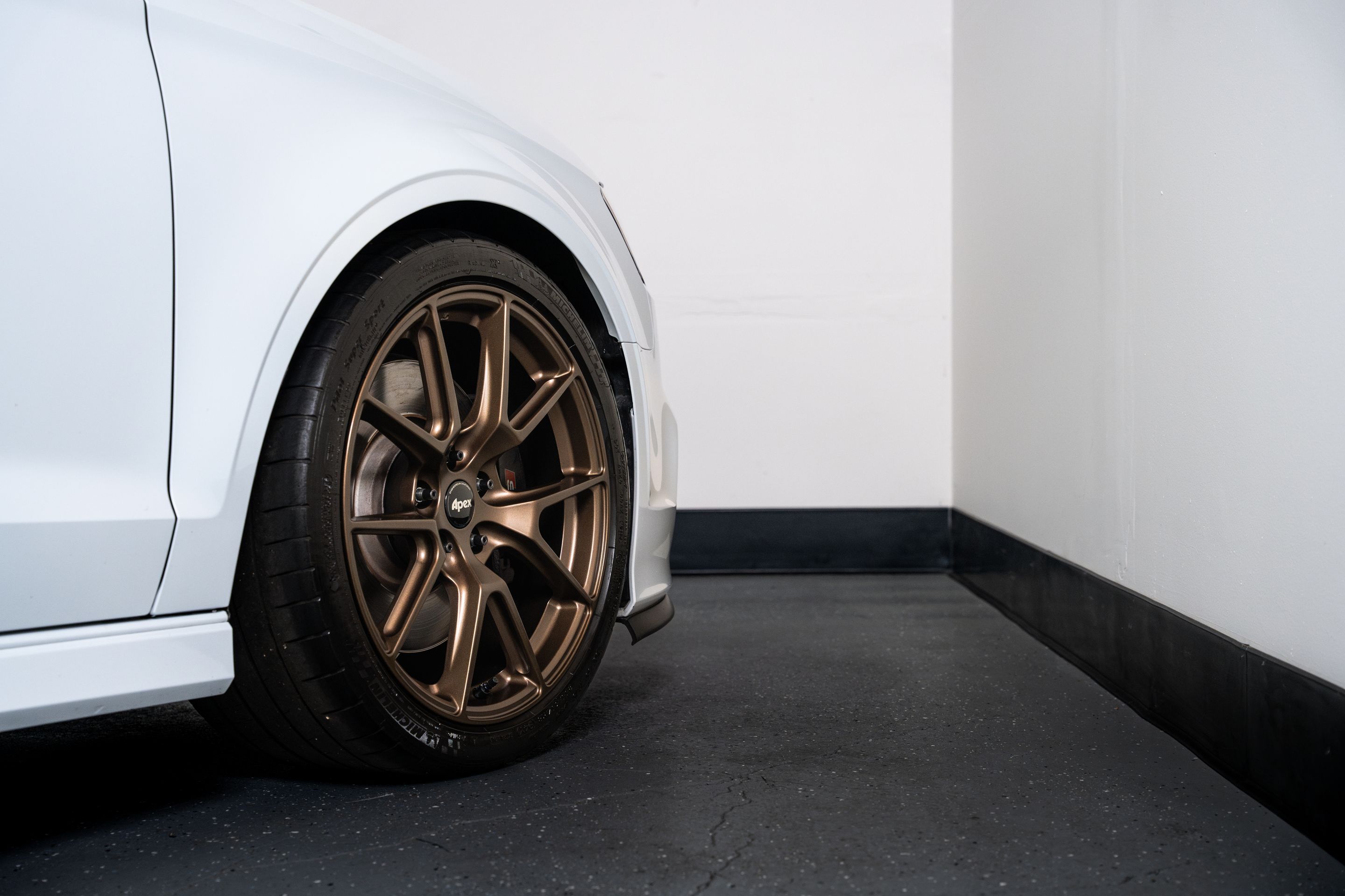 White Audi 8V S3 with 18" VS-5 Apex wheels in Satin Bronze