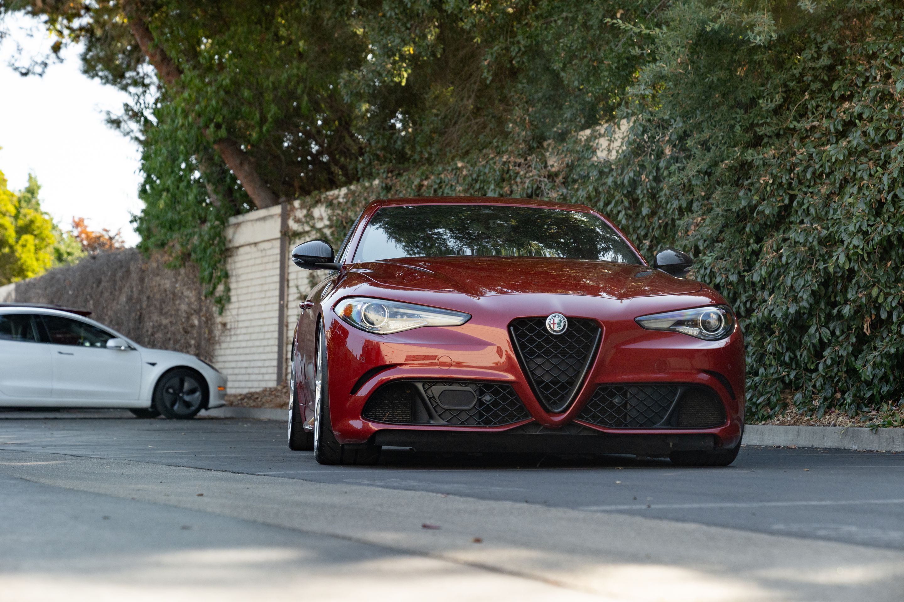 Red Alfa Romeo Giulia Quadrifoglio with 19" VS-5RS Apex wheels in Brushed Clear