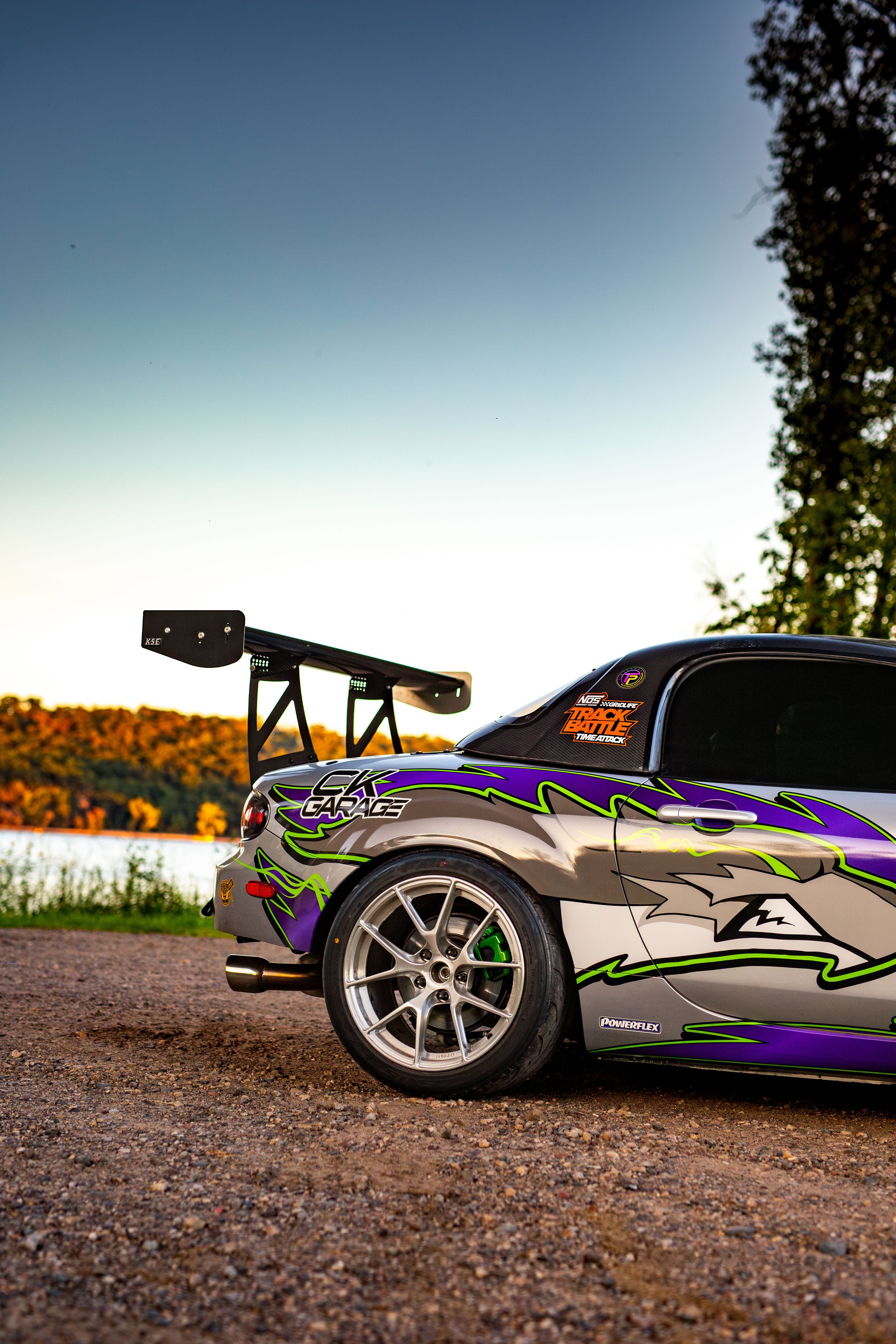 Silver Mazda NC MX-5 Miata with 17" VS-5RS Apex wheels in Brushed Clear