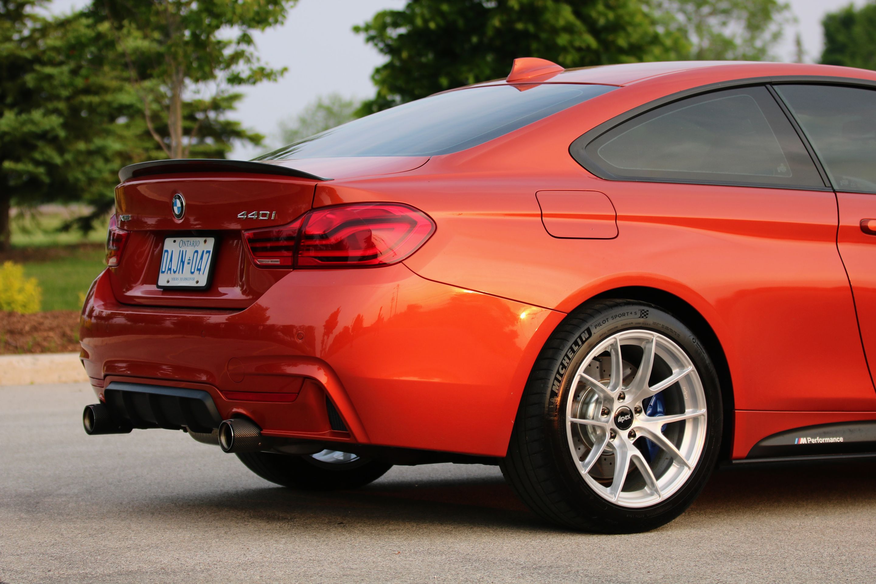 Orange BMW F32 Coupe 4 Series with 18" VS-5RS Apex wheels in Brushed Clear