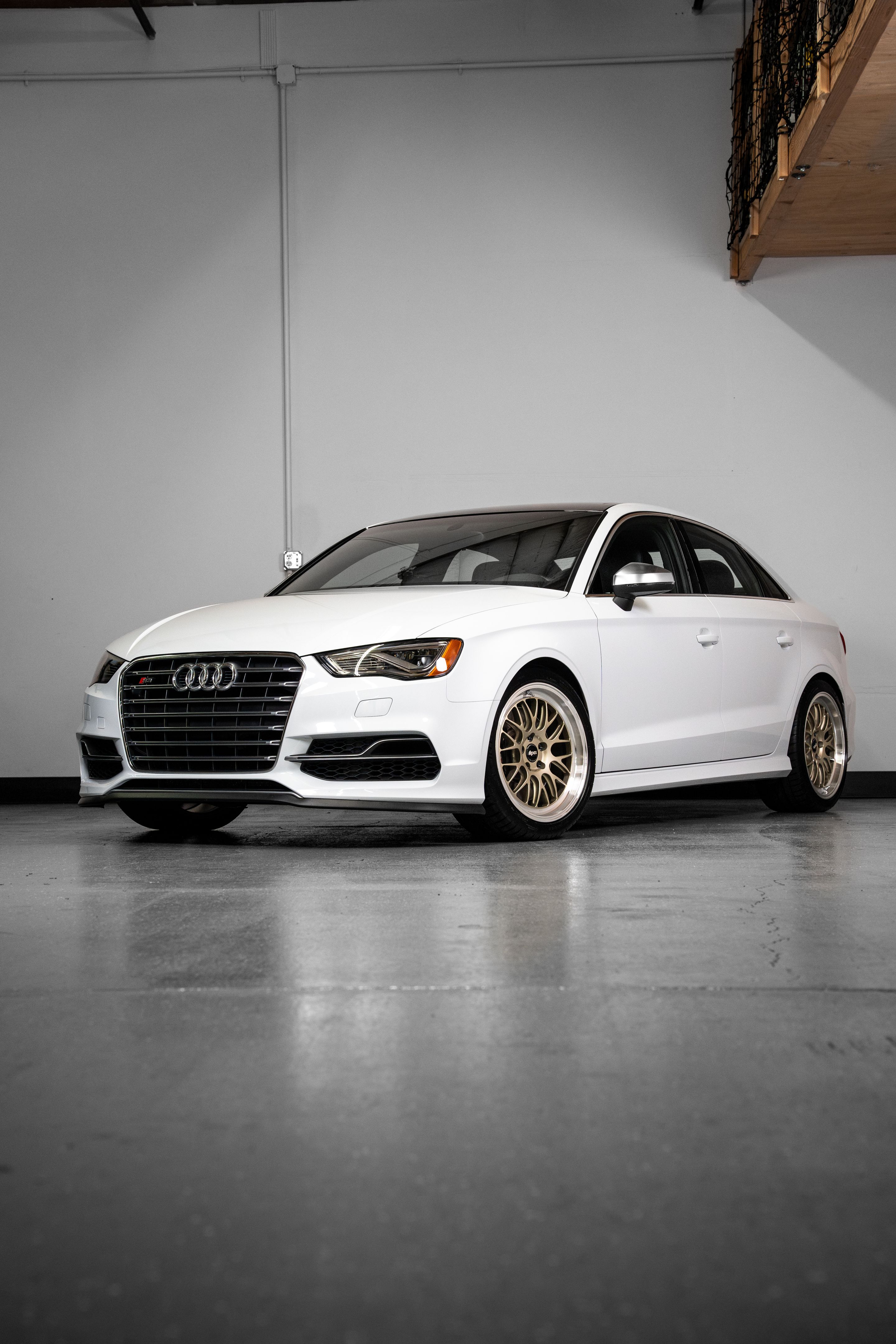 White Audi 8V S3 with 18" ML-10RT Apex wheels in Machined Lip Gloss Motorsport Gold