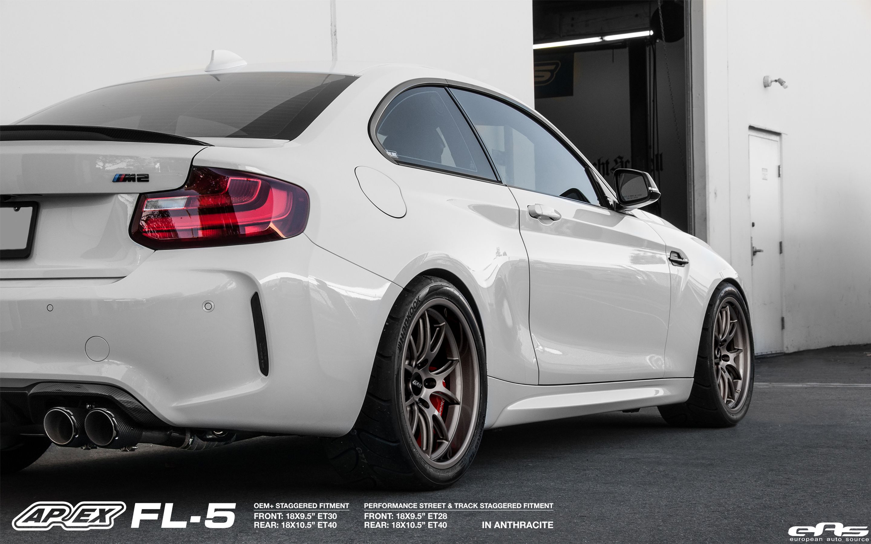 White BMW F87 M2 with 18" FL-5 Apex wheels in Race Silver