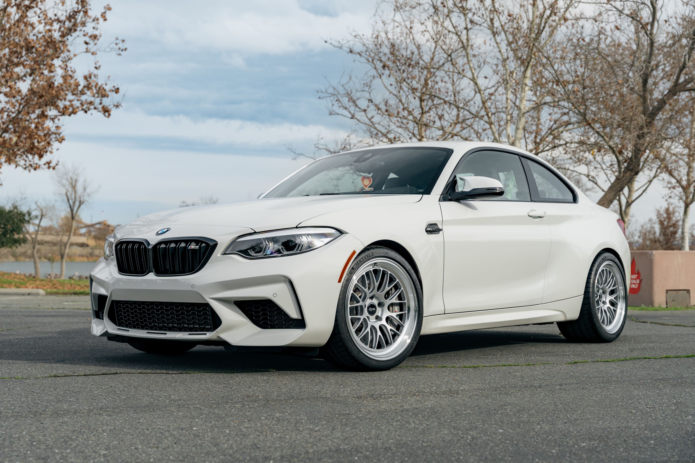 White BMW F87 M2 with 19" ML-10RT Apex wheels in Machined Lip Race Silver