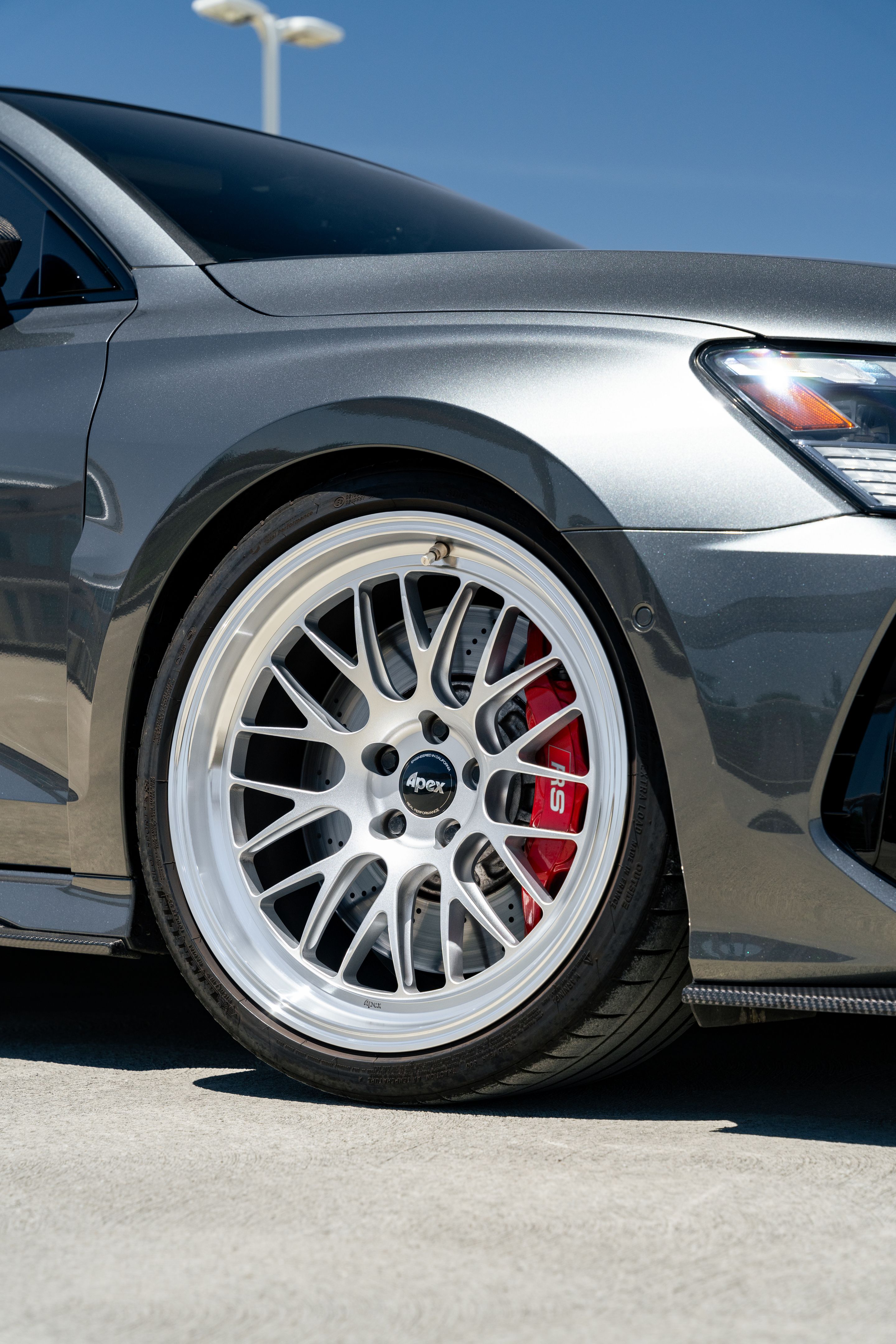 Grey Audi 8Y RS 3 with 19" ML-10RT Apex wheels in Machined Lip Race Silver