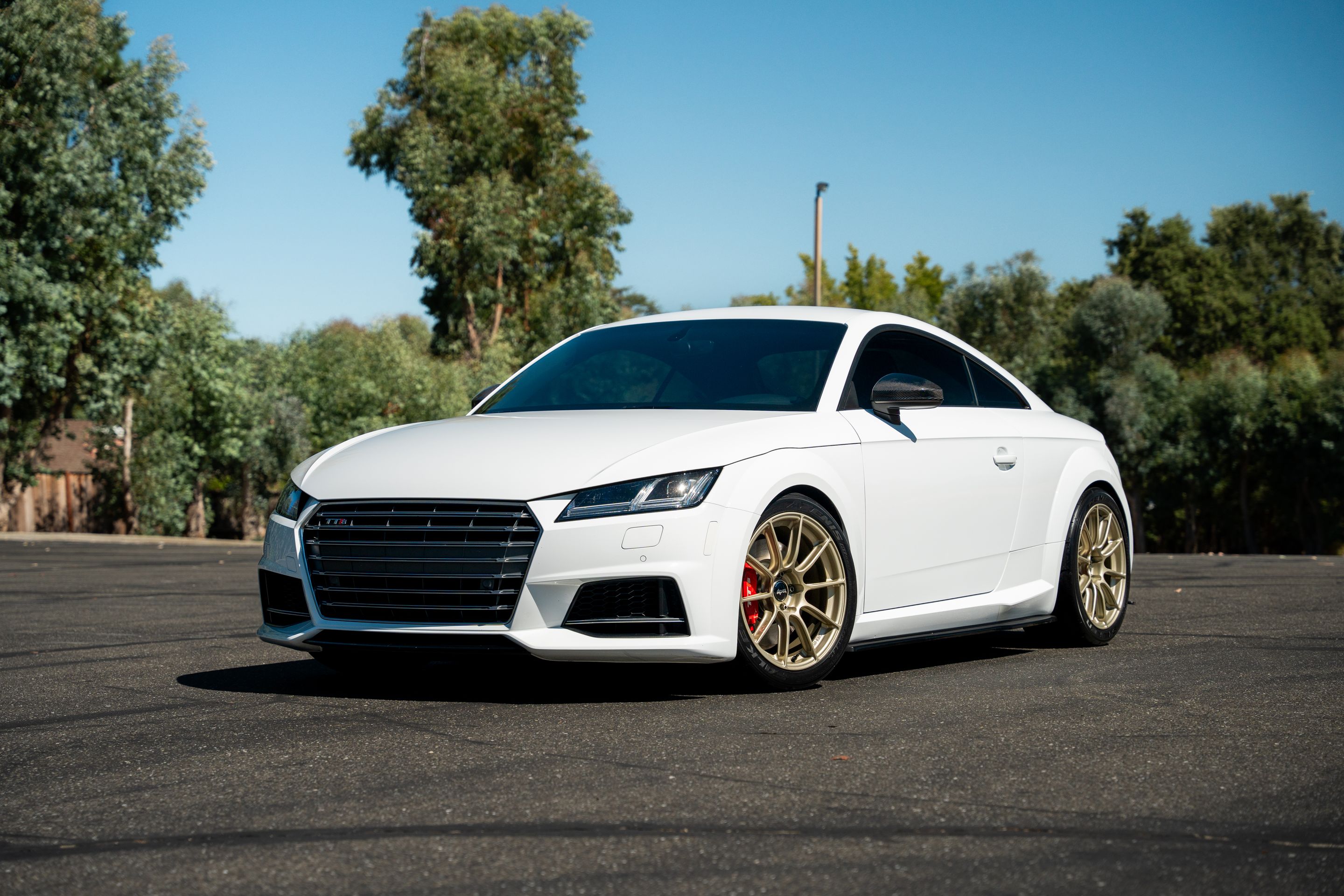 White Audi 8S TTS with 18" SM-10RS Apex wheels in Motorsport Gold