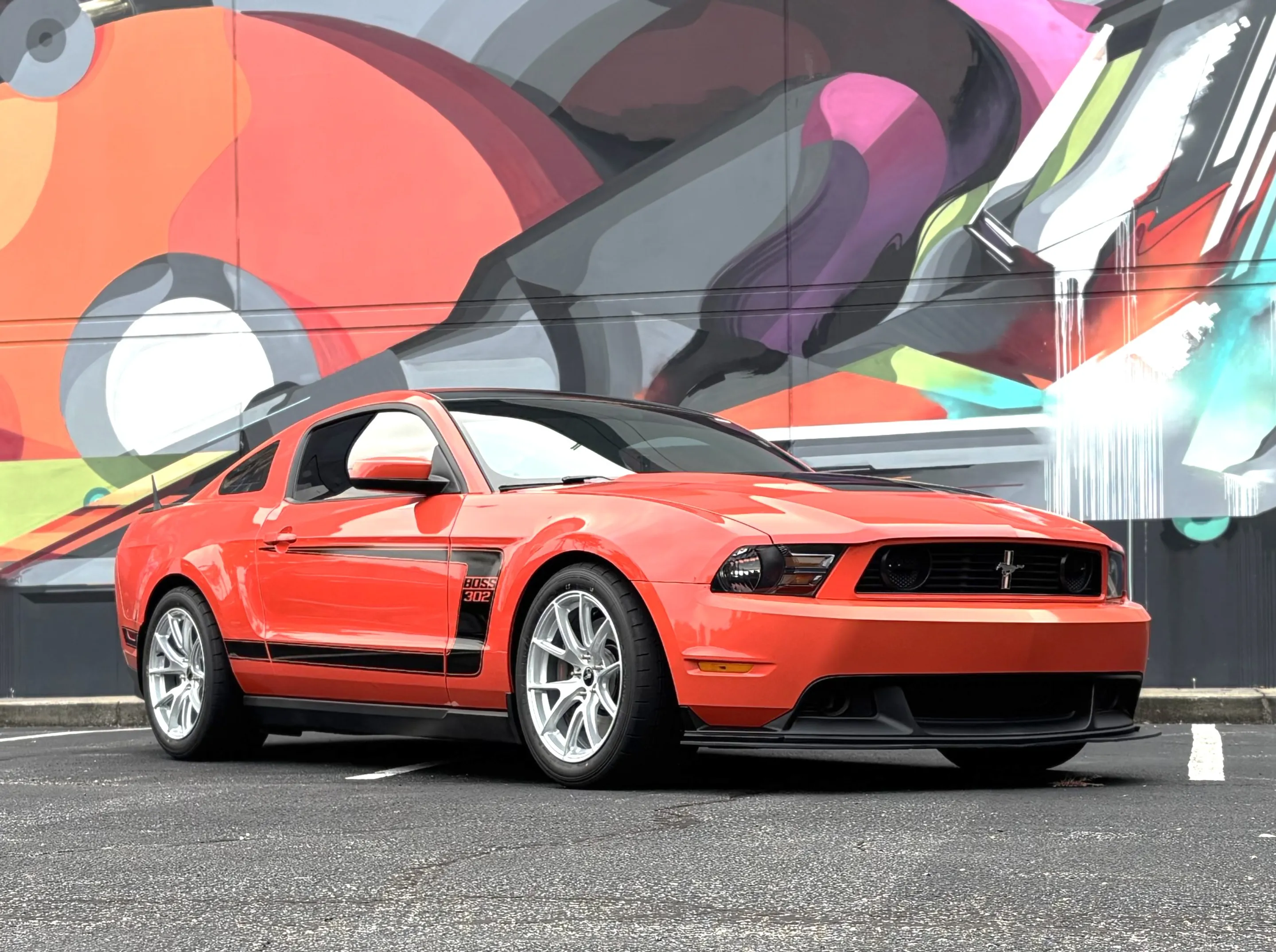 Red Ford S197 Mustang Boss 302 with 18" VS-5 Apex wheels in Race Silver