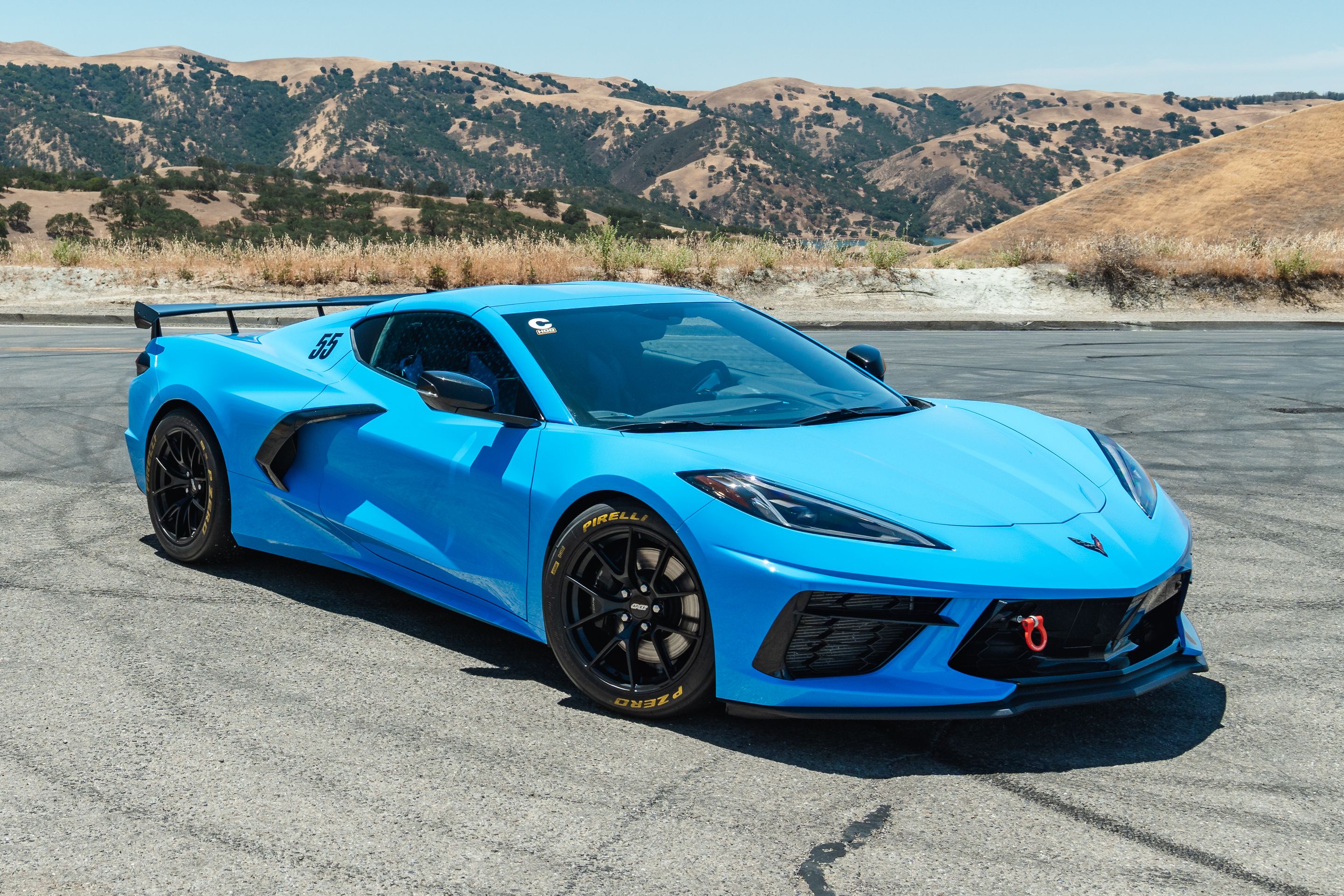 Blue Chevrolet C8 Corvette Stingray/Z51 with 18" VS-5RS Apex wheels in Satin Black