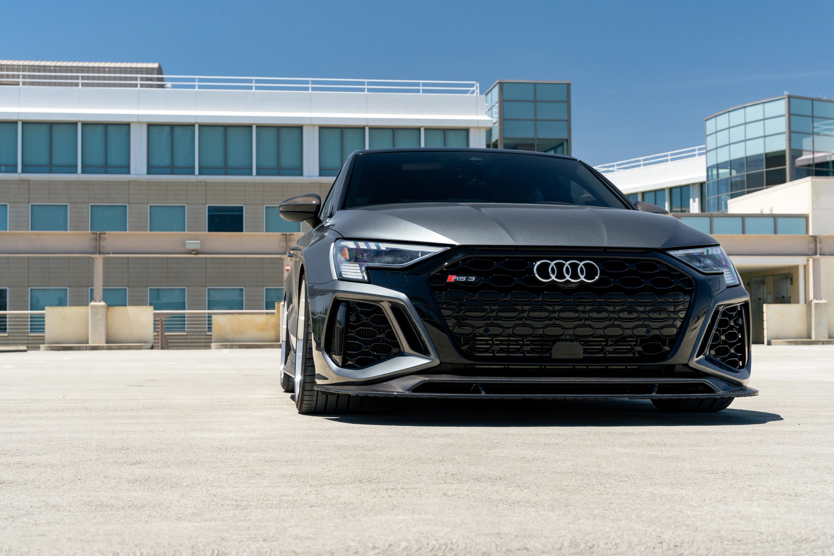 Grey Audi 8Y RS 3 with 19" ML-10RT Apex wheels in Machined Lip Race Silver