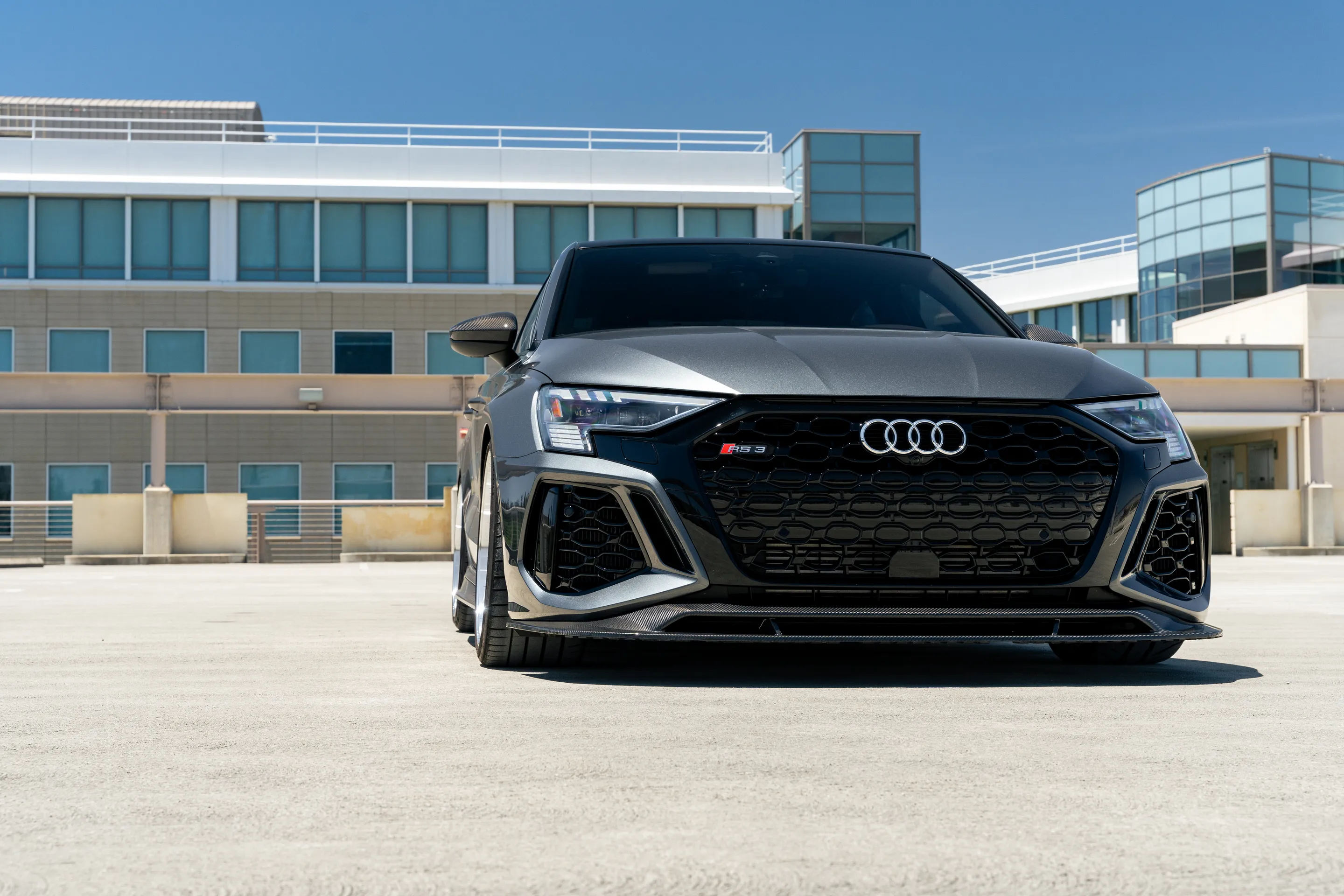Grey Audi 8Y RS 3 with 19" ML-10RT Apex wheels in Machined Lip Race Silver