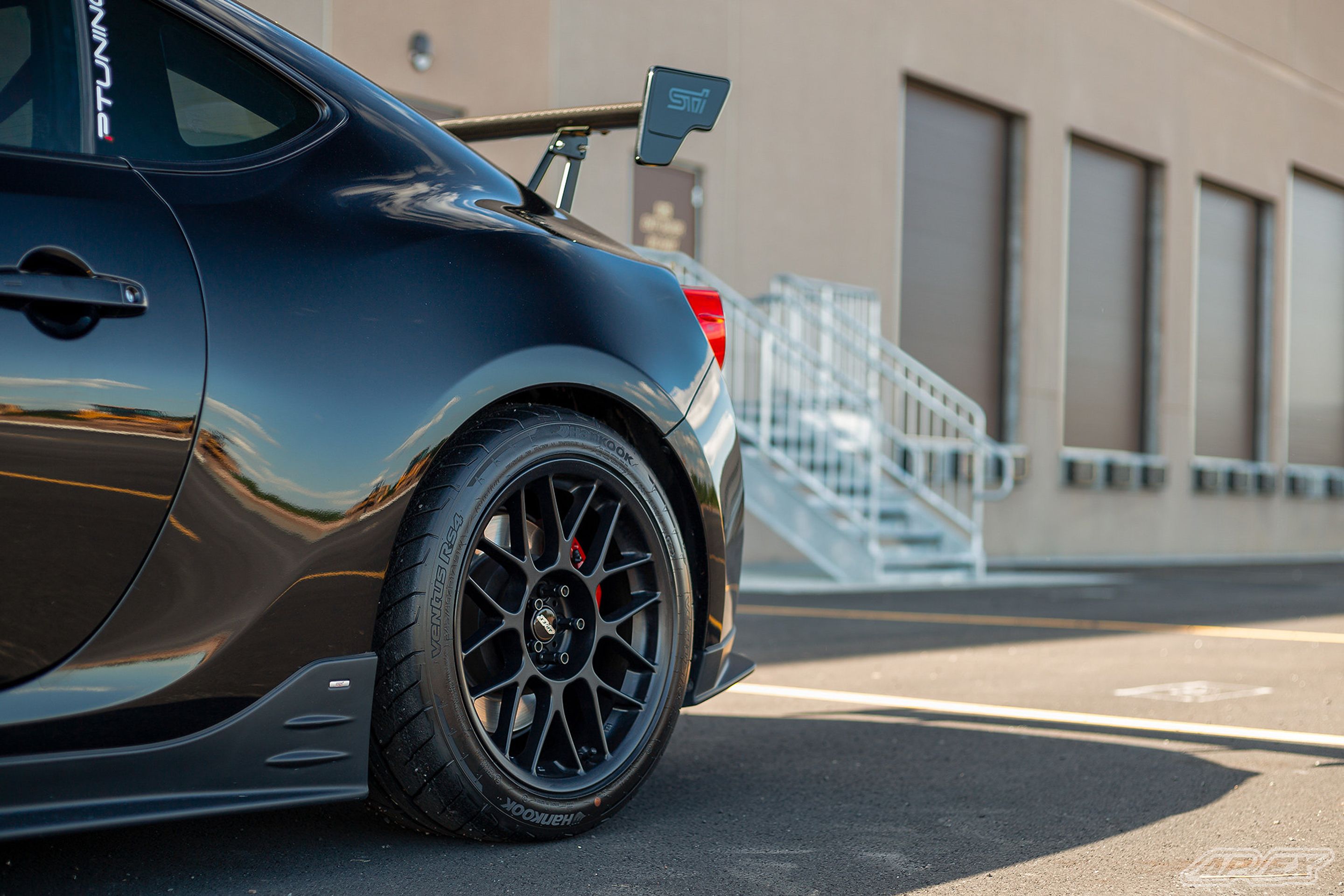 Black Subaru ZC6 / Gen 1 BRZ with 17" ARC-8 Apex wheels in Satin Black