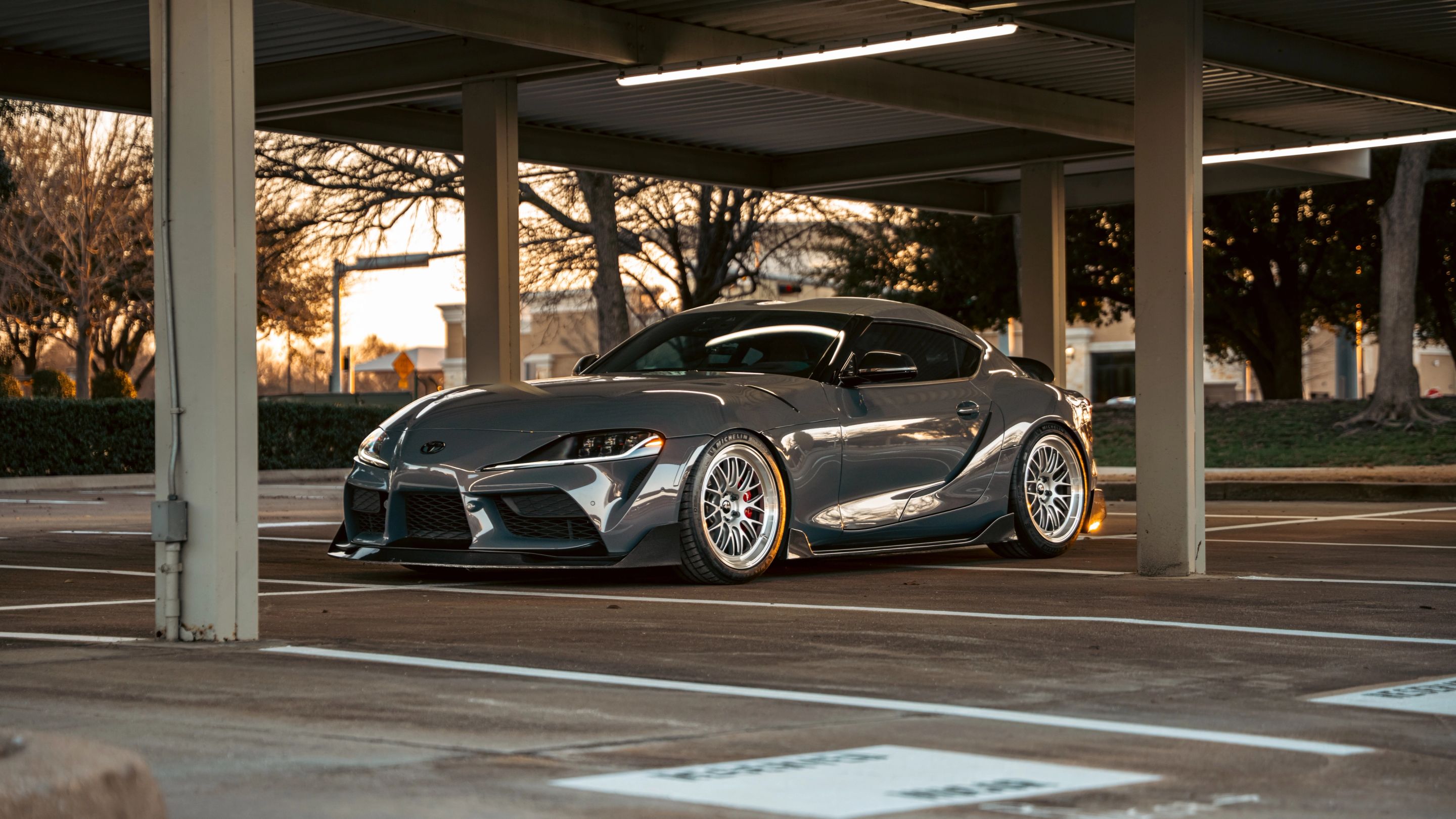 Grey Toyota GR Supra with 19" ML-10RT Apex wheels in Machined Lip Race Silver