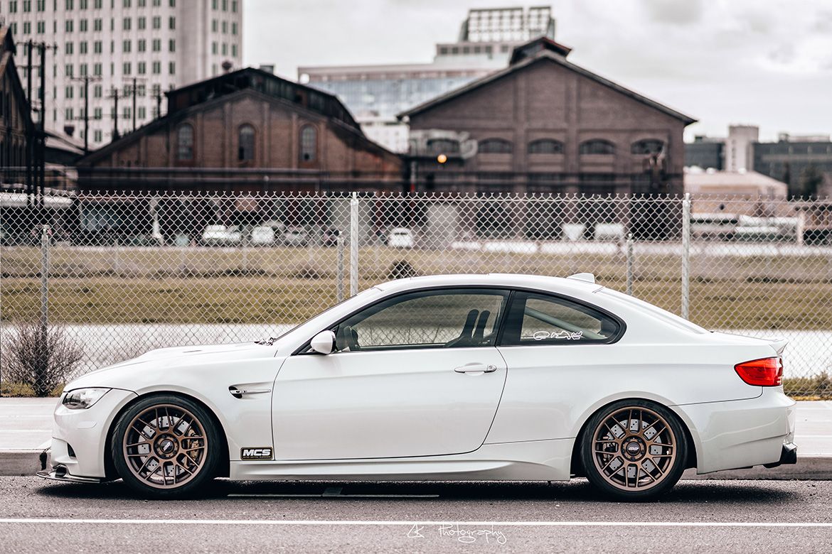 White BMW E92 Coupe M3 with 18" ARC-8 Apex wheels in Satin Bronze