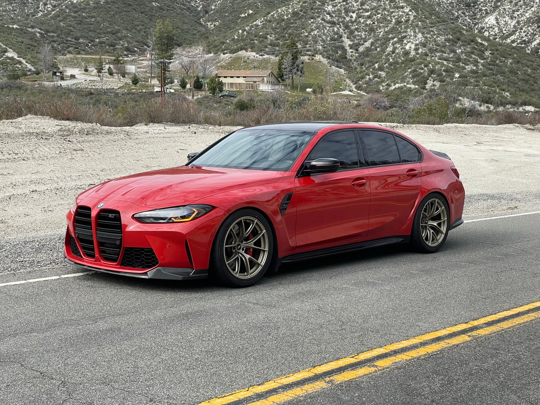 Red BMW G80 M3 with 19" VS-5RS Apex wheels in Motorsport Gold