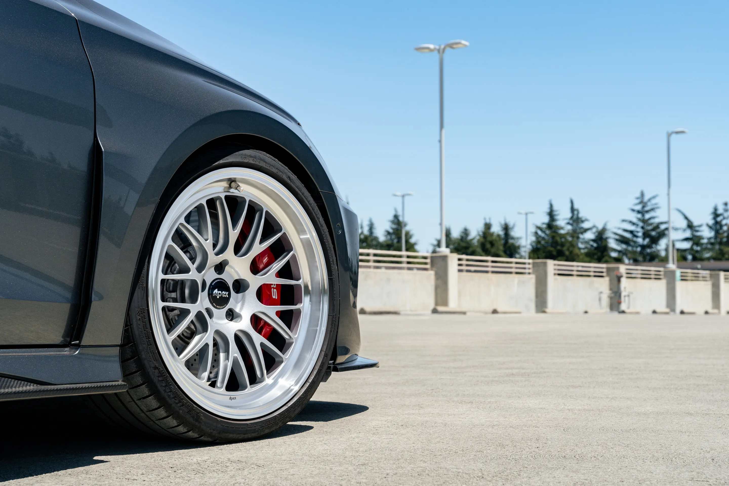 Grey Audi 8Y RS 3 with 19" ML-10RT Apex wheels in Machined Lip Race Silver