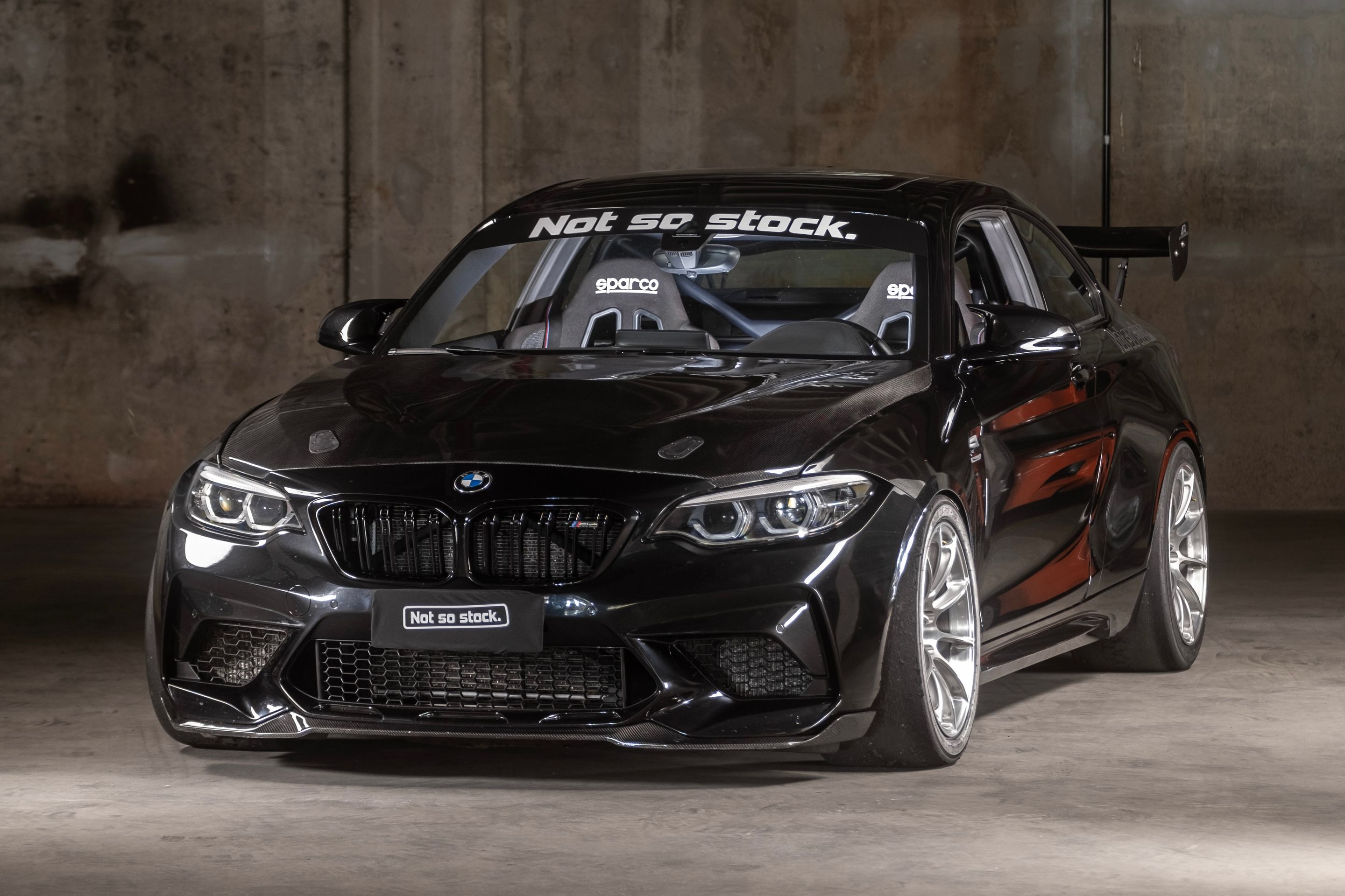 Black BMW F87 M2 with 18" SM-10RS Apex wheels in Brushed Clear