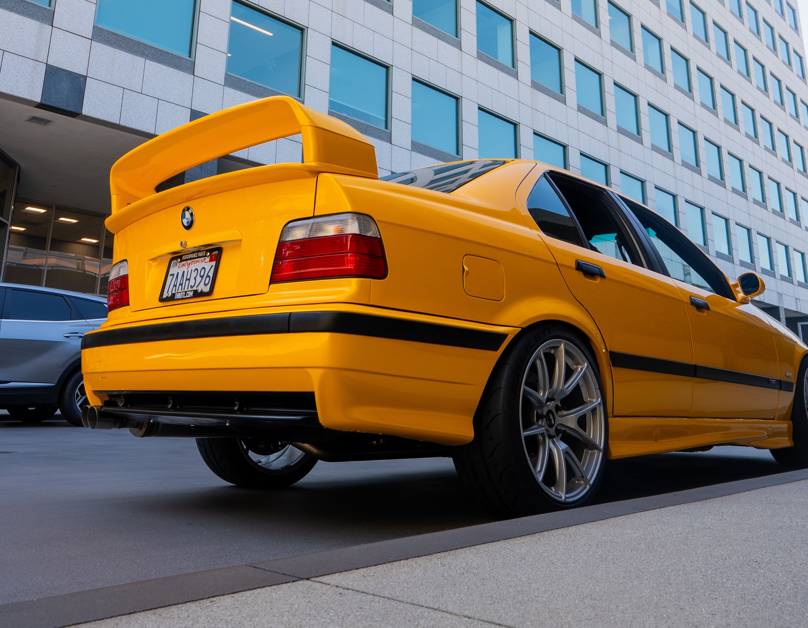 Yellow BMW E36 M3 with 18" VS-5 Apex wheels in Race Silver