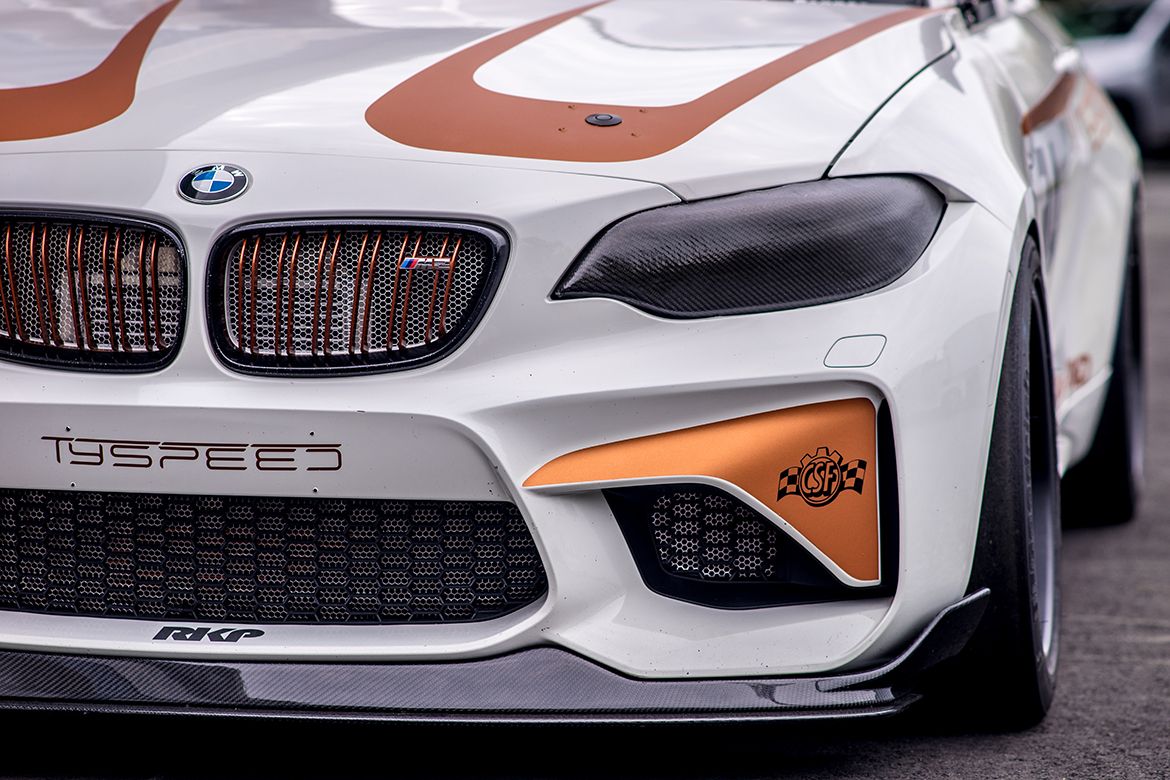 White BMW F87 M2 with 18" FL-5 Apex wheels in Satin Black