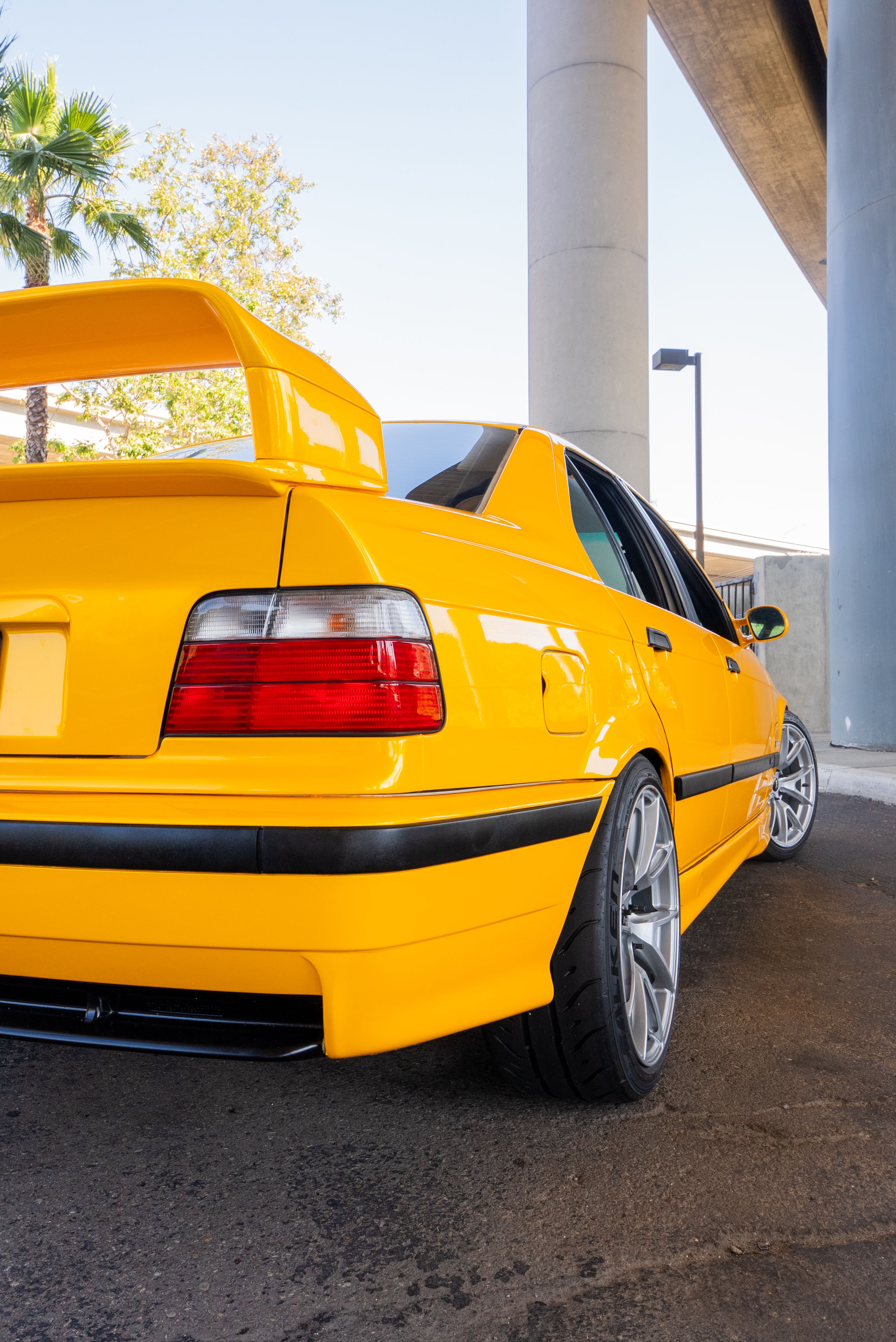 Yellow BMW E36 M3 with 18" VS-5 Apex wheels in Race Silver