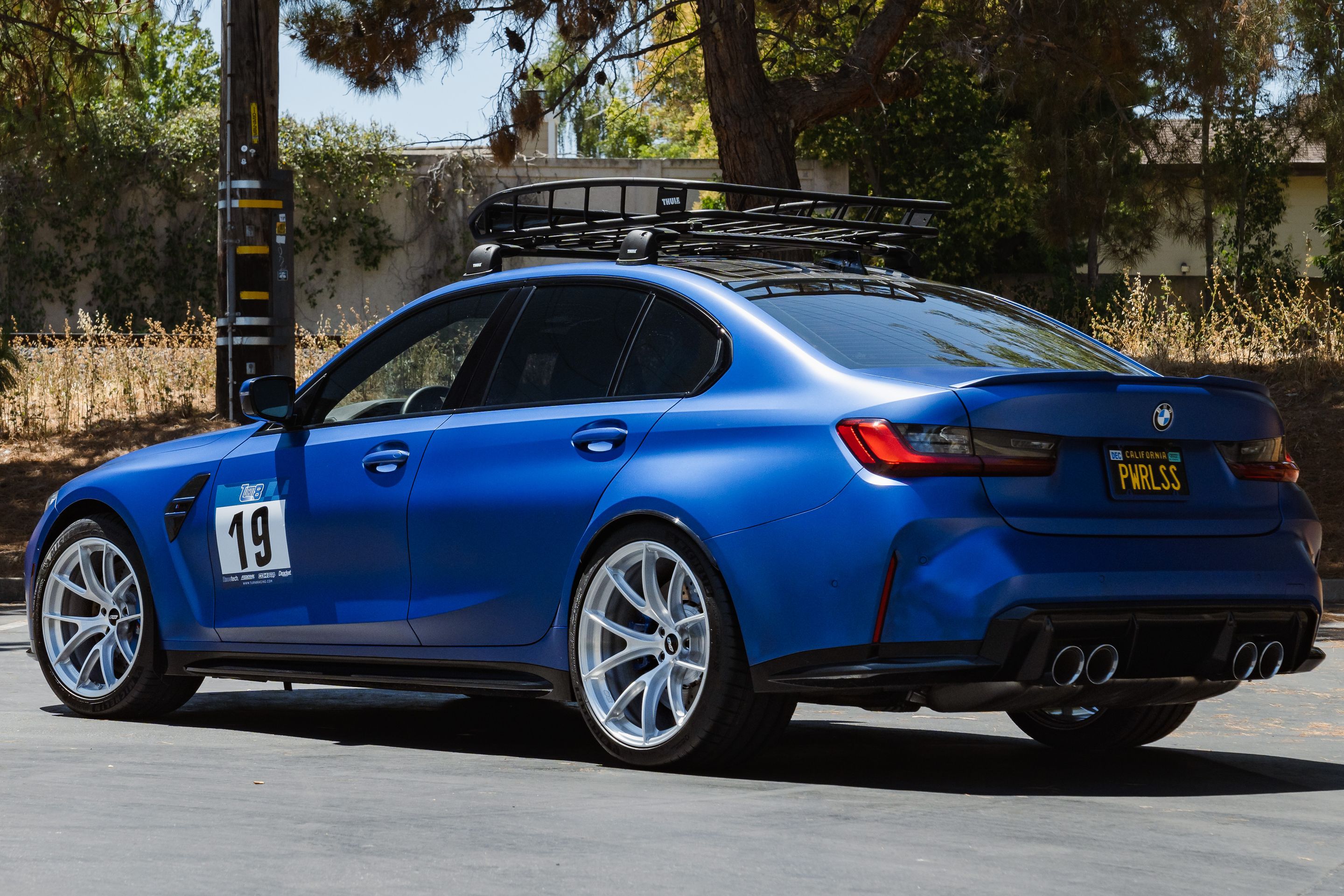 Blue BMW G80 M3 with 19"/20" VS-5RS Apex wheels in Brushed Clear