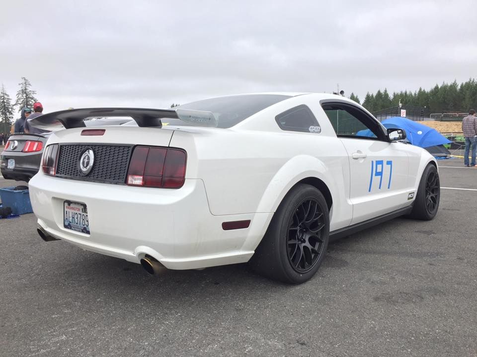 White Ford S197 Mustang GT with 18" EC-7 Apex wheels in Satin Black