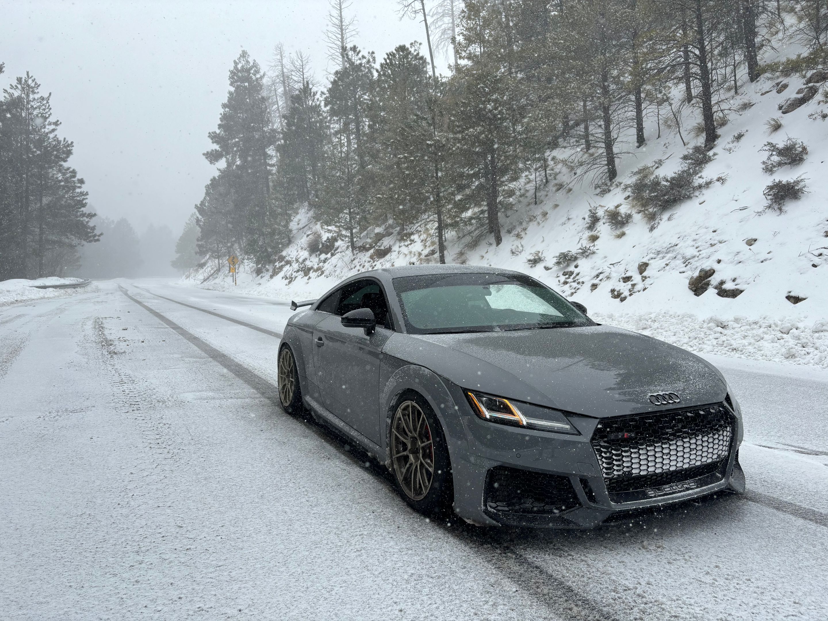 Grey Audi FV/8S TT RS with 18" SM-10RS Apex wheels in Motorsport Gold