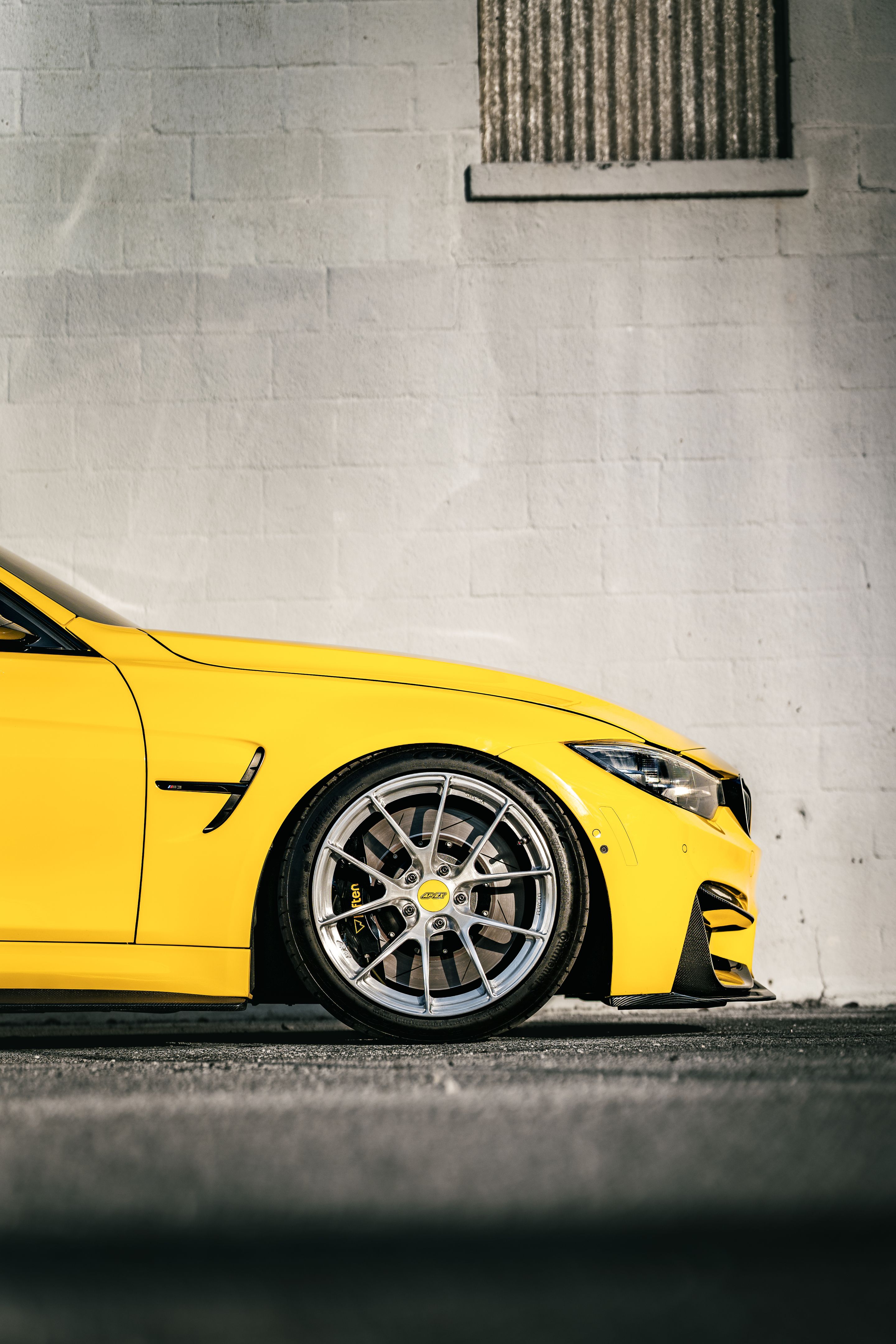 Yellow BMW F80 M3 with 19" VS-5RS Apex wheels in Brushed Clear
